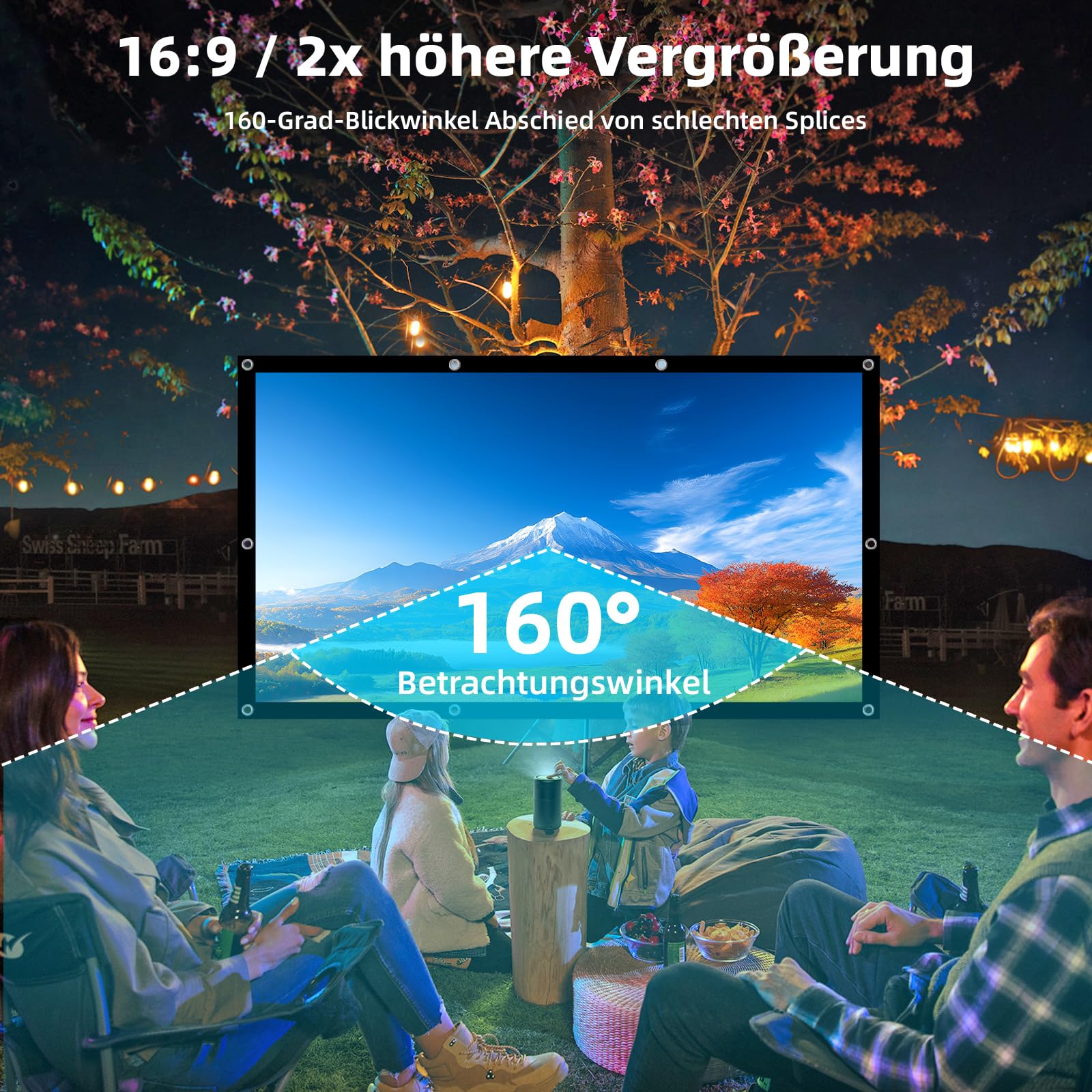 Leinwand Beamer 100 Zoll, 16:9 4K HD Projektionsleinwand aus verdickter Milchseide, tragbare Beamer Leinwand mit 10 Haken & 2 Bindeseilen, für Heimkino, Büro, Schule, Party und Outdoor