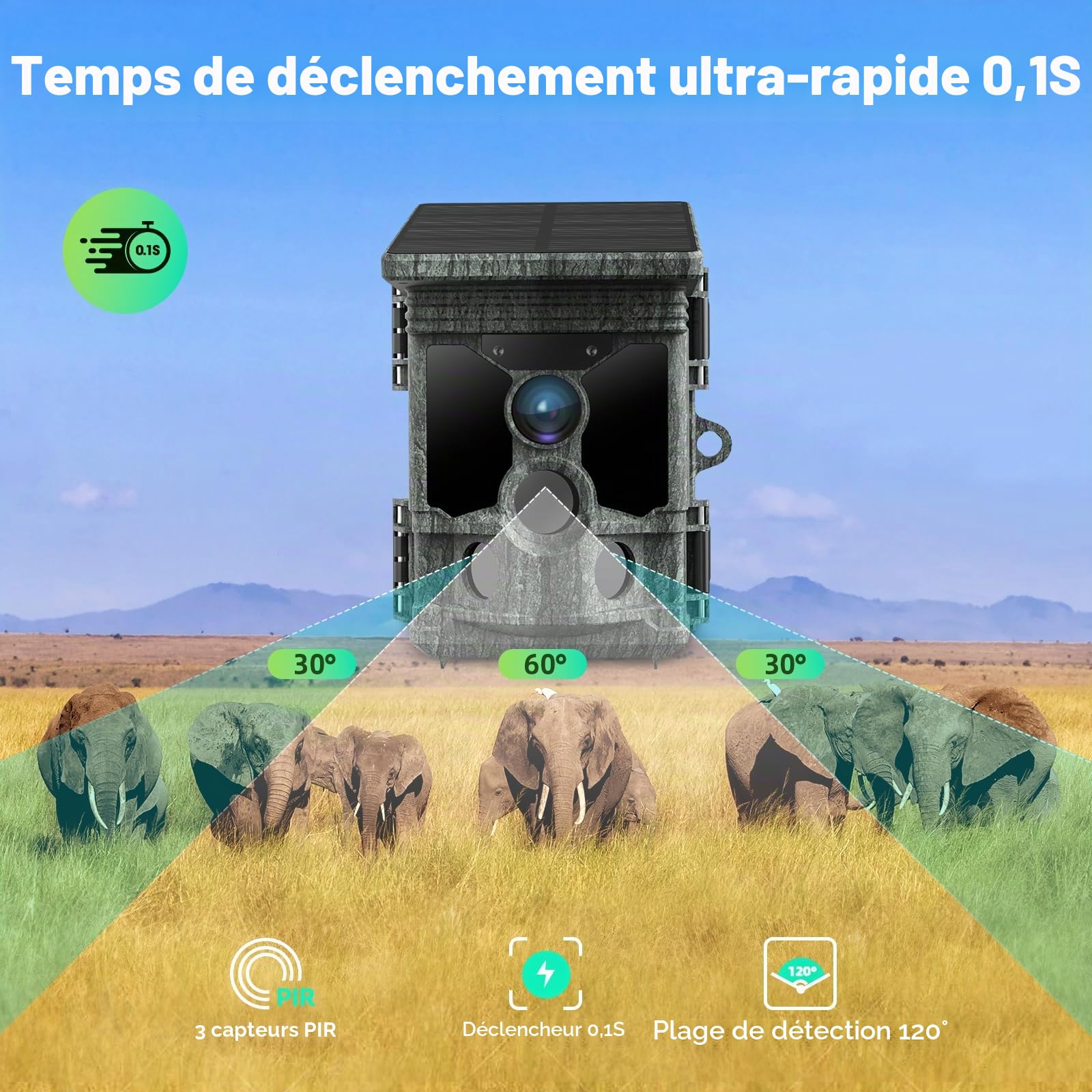 Caméra de Chasse WiFi Solaire 4K 30 i/s 46MP, Bluetooth, App | Déclenchement 0,1 s, détection 120°, vision nocturne 20 m et IP66 pour passages de gibier, agrainoirs et observation