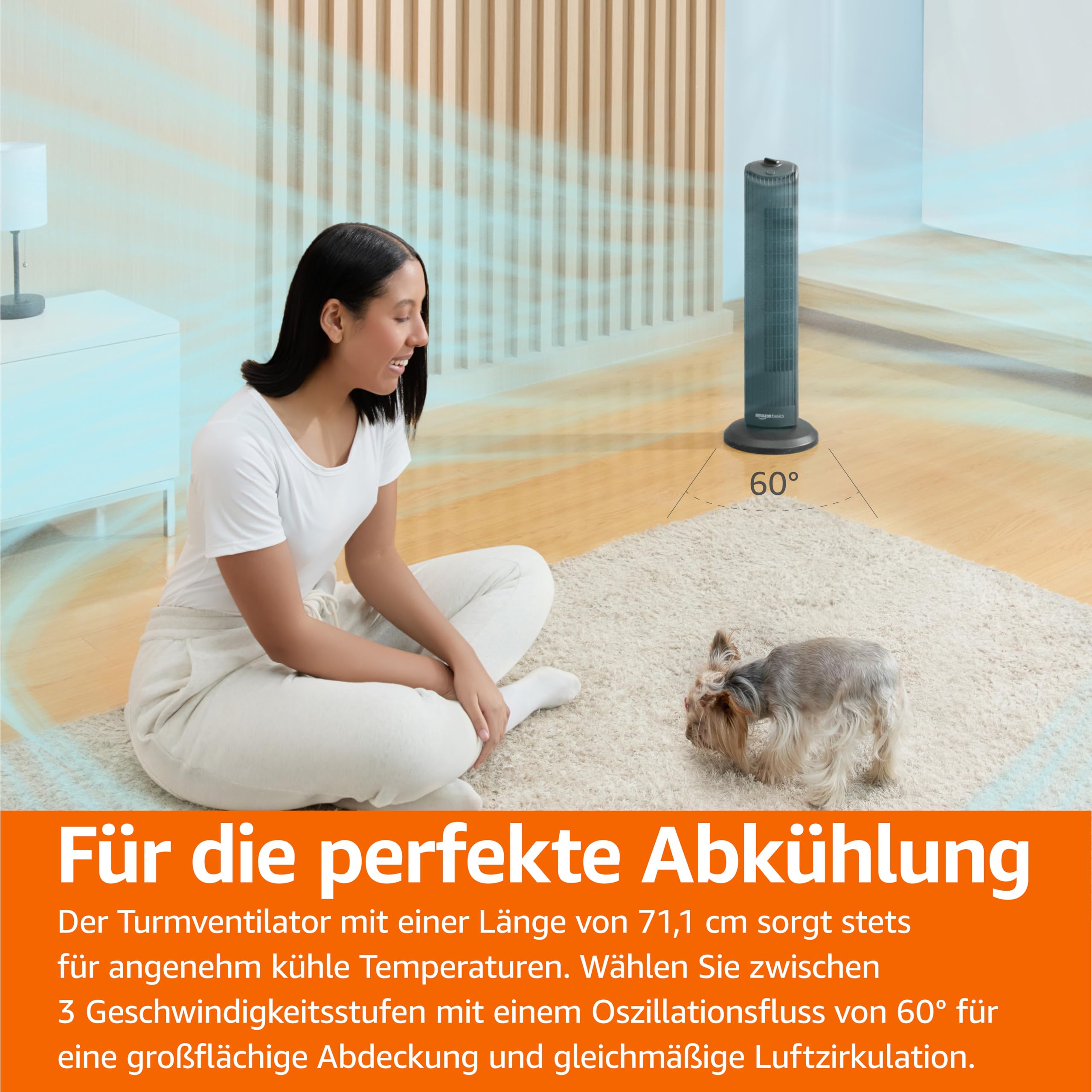 Amazon Basics Oszillierender Turmventilator 71 cm mit 60-Grad-Winkel für Schlafzimmer, Wohnzimmer, Büro, 3 Geschwindigkeiten, Intuitive Mechanische Steuerung, Mattschwarz, 35W, 71 cm x 24 cm x 24 cm