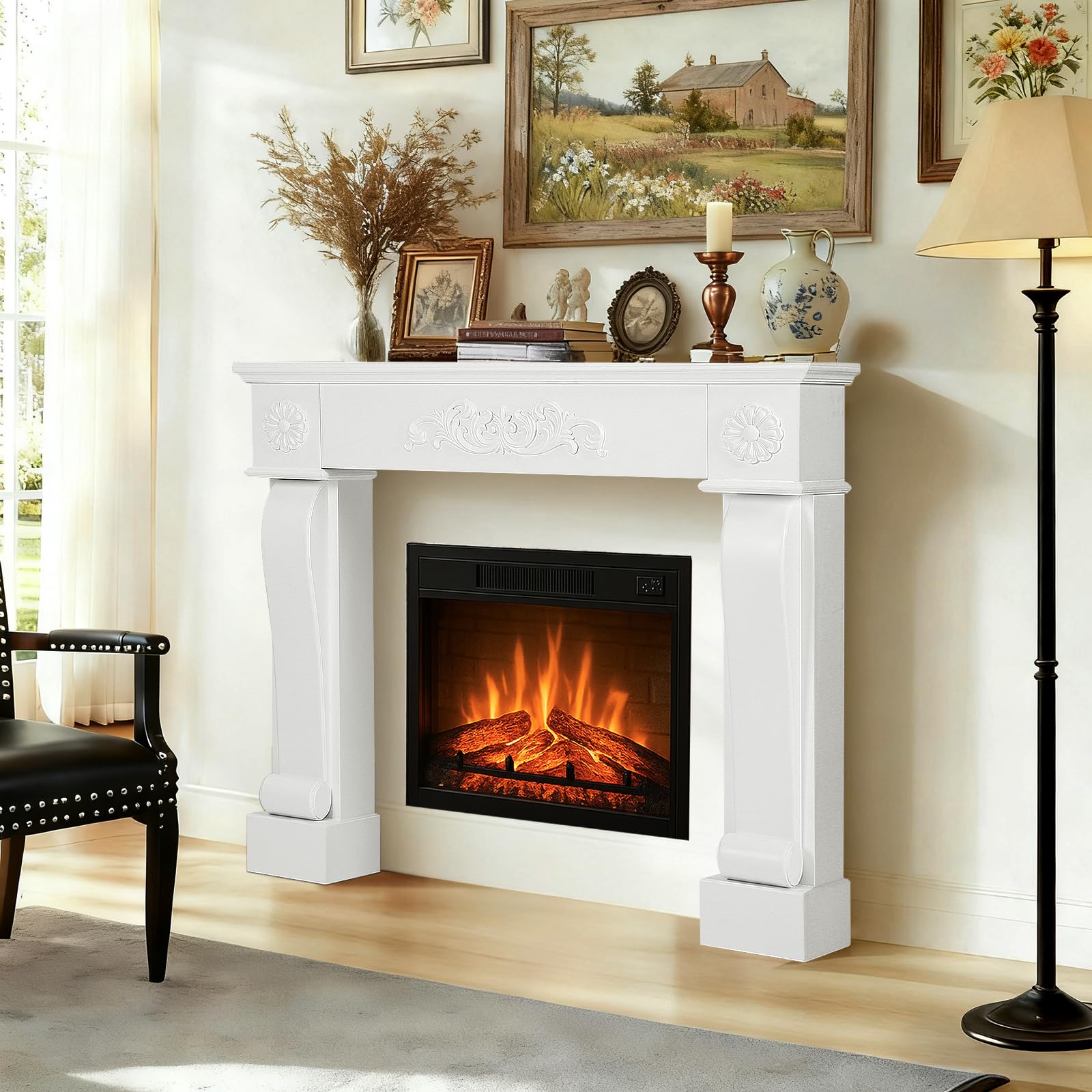 Modern Fireplace Mantel Surround, Decorative Wooden Freestanding Mantel for Electric Fireplace, Waterproof &amp; Anti-Tipping, Premium MDF Mantel with Leg for Living Room, White