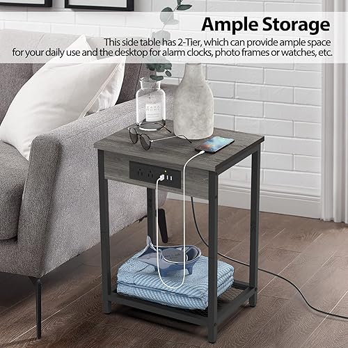 Miniatura 30 de CADUKE Juego de 2 mesitas de noche, mesita de noche con estación de carga para dormitorio, mesa auxiliar industrial con puertos USB y tomas de café