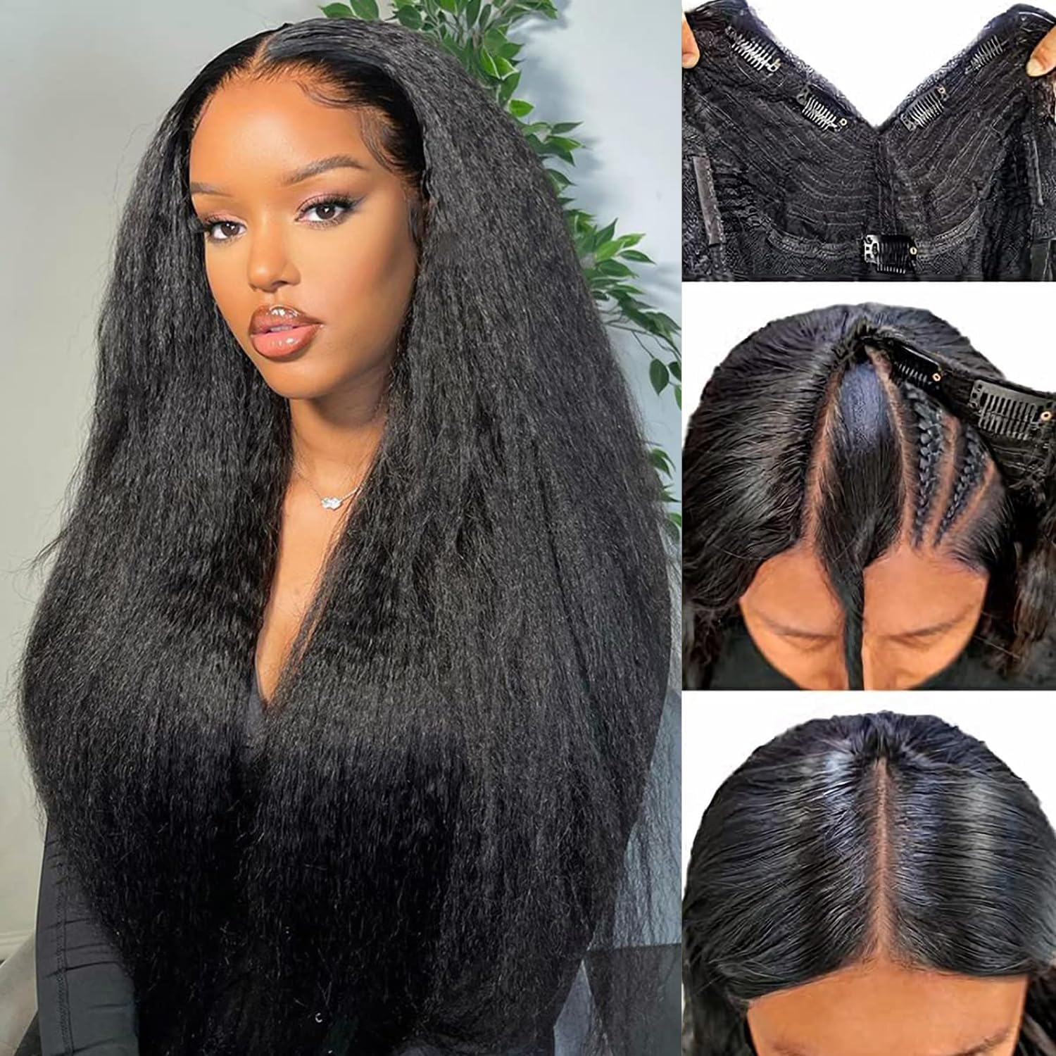 V Part Wig Human Hair 20 inch Yaki Straight Human Hair Wig 180 Density Yaki Straight V Part Wig Yaki Straight Wig Upgrade U Part Wig Natural Black Color KinkyStraight Human Hair Wigs for Black Women