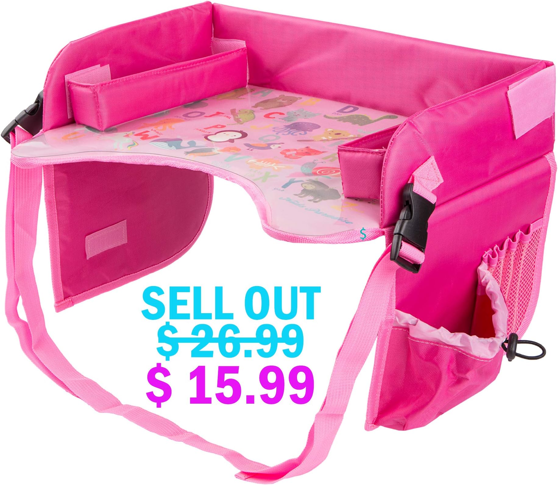 Kids Travel Tray with Erasable Surface for Car Seat, Stroller and Airplane Traveling, Infant and Toddler Snack and Play Tray, Lap Tray, Activity Tray, Table Tray with Mesh Organizer and Cup Holder