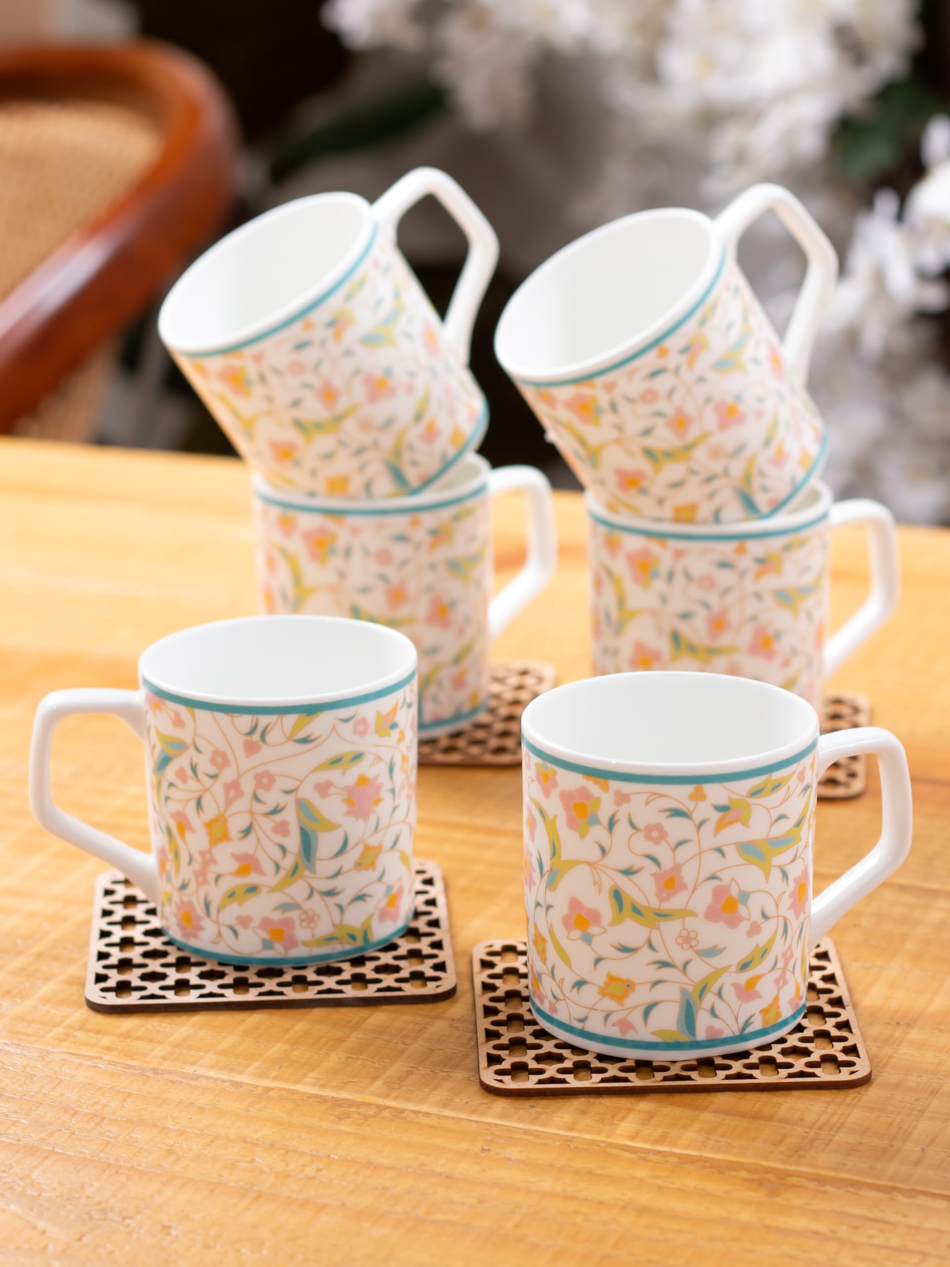 Clay Craft Fine Ceramic Tea/Coffee Cup Set of 6-200 ml Each (Hilton H308), Tea Cup Set of 6, Microwave & Dishwasher Safe, Mugs for Coffee, Cups Set of 6, Mug Set, Gift Set, Ideal for Gifting