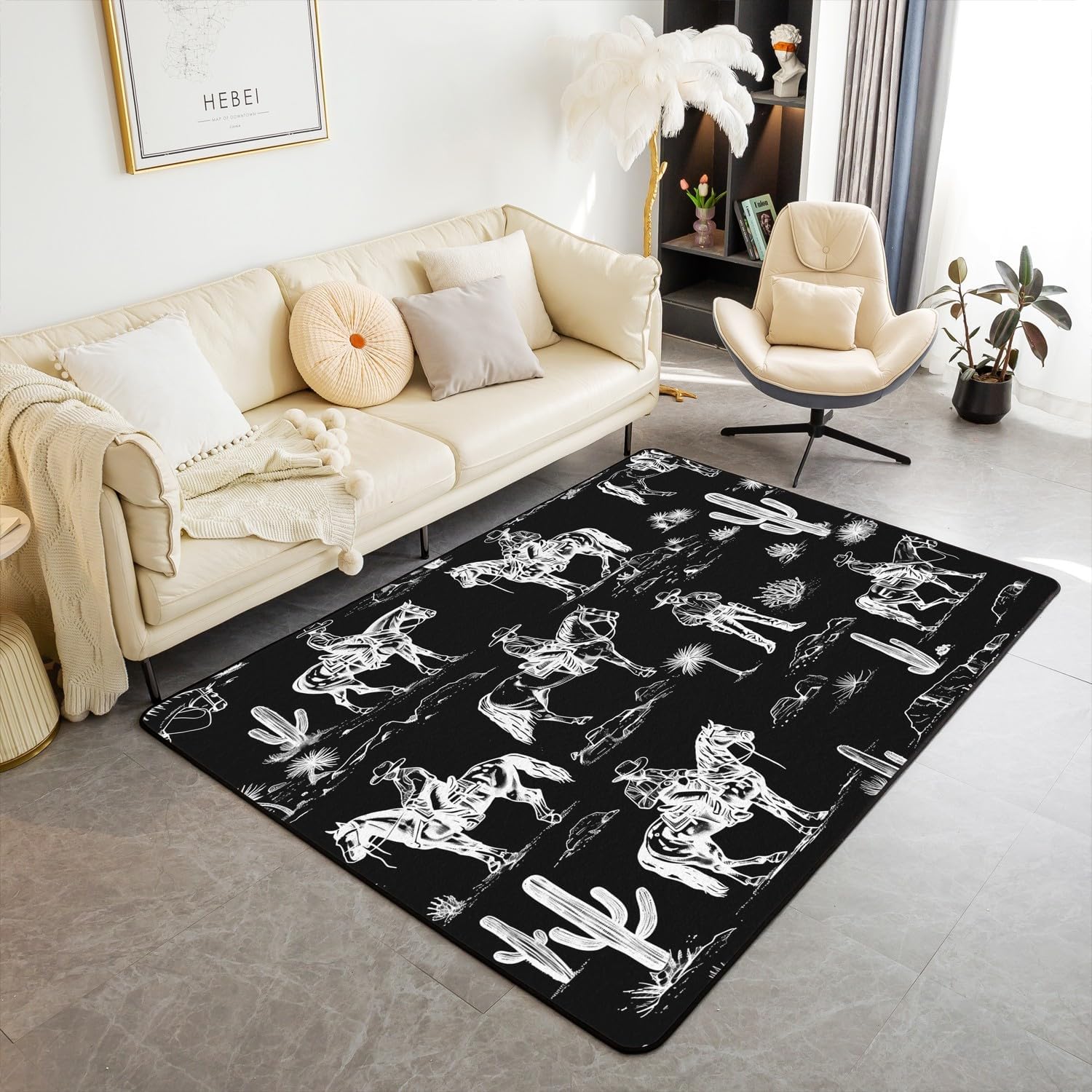 Feelyou Black Western Rugs for Living Room Bedroom 3x5 Horse Cowboy Area Rug for Kids Boys Girls Decor Rustic Western Decor Wild Western Cowboy Decorative Carpet Tribal Indoor Floor Mat