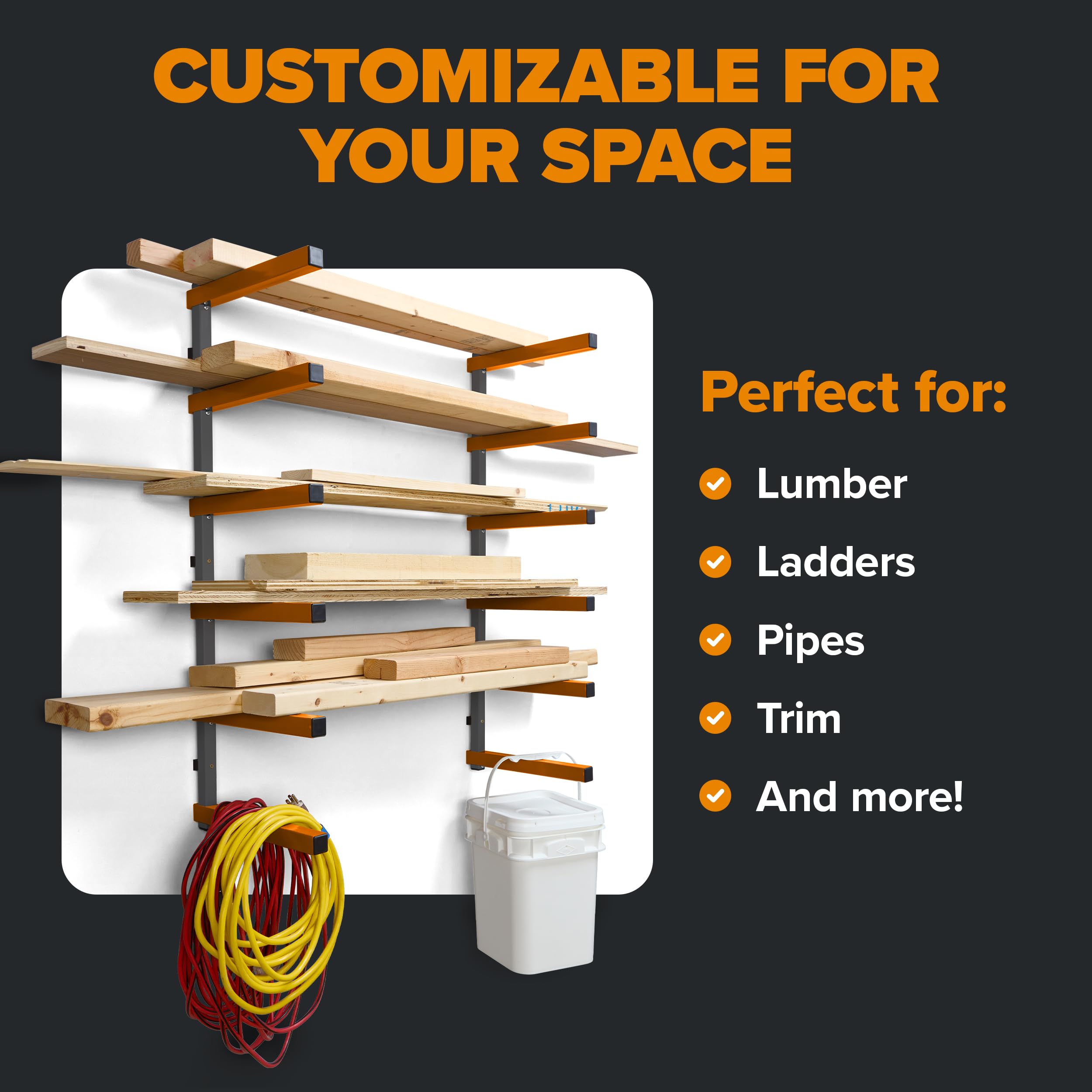 Bora Organizer in legno e scaffale per legname in metallo con montaggio a parete a 6 livelli, per interni ed esterni, arancione | PBR-001