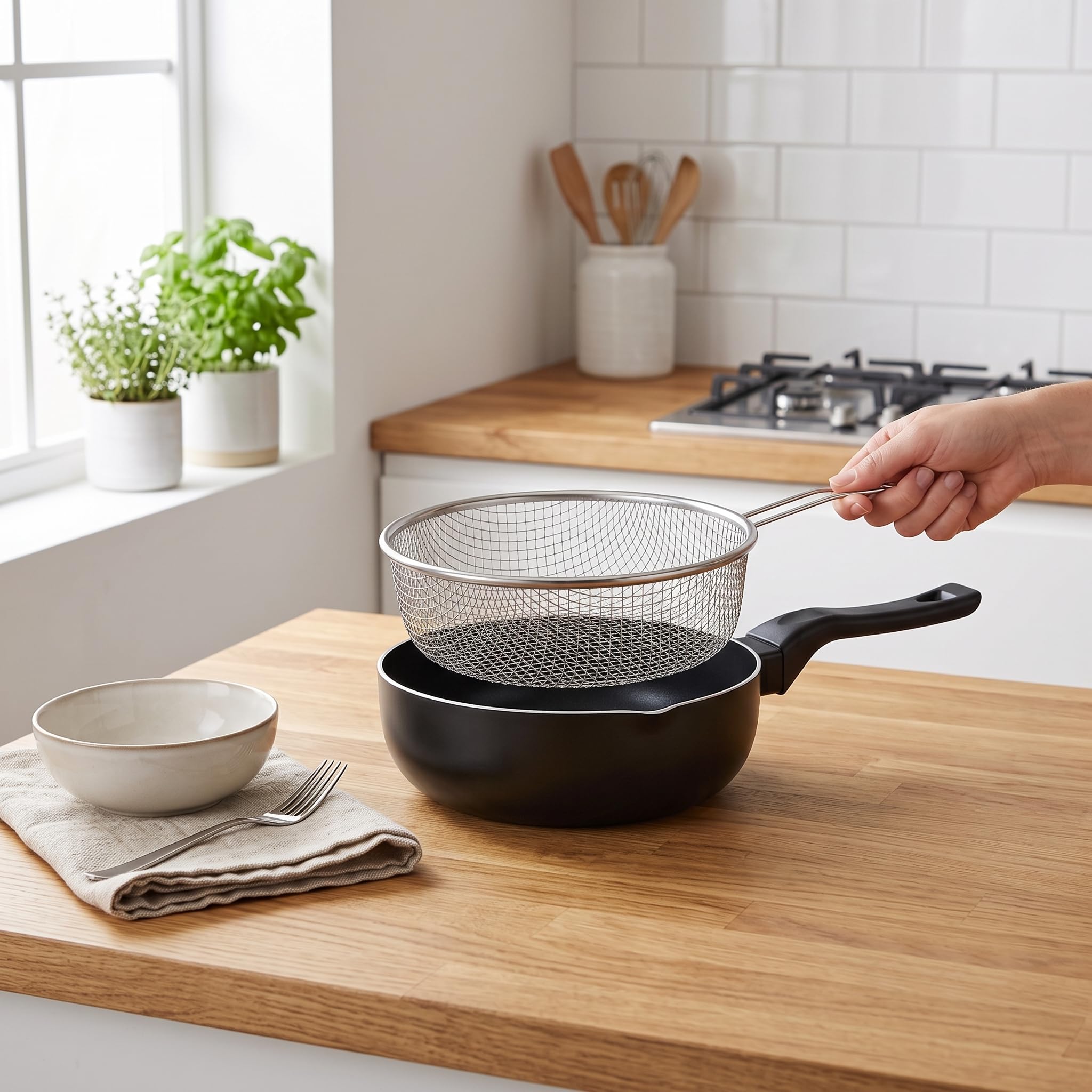 MGE - Padella Friggitrice con Cestello - Alluminio Antiaderente - Padella Friggitrice Induzione - 24 cm