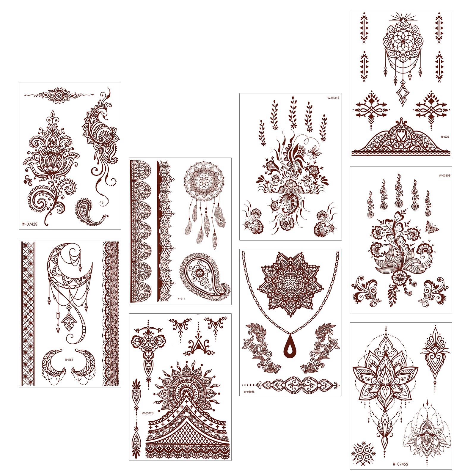 Brown Red Temporary Tattoos for Women Girls, 9 Sheet Lotus Mandala Flower Art Fake Tattoos Kit Waterproof 3D Indian Lace Eid al-Fitr Wedding Tattoo Stickers for Hand Body Neck Arm