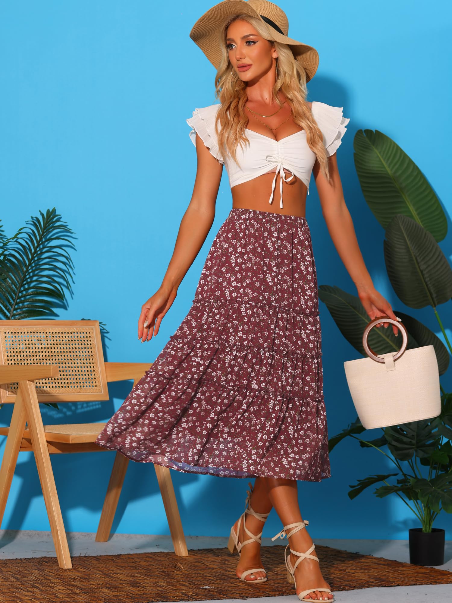 Allegra K Donna Gonna Longuette Trapezio Fiori Elastico Vita