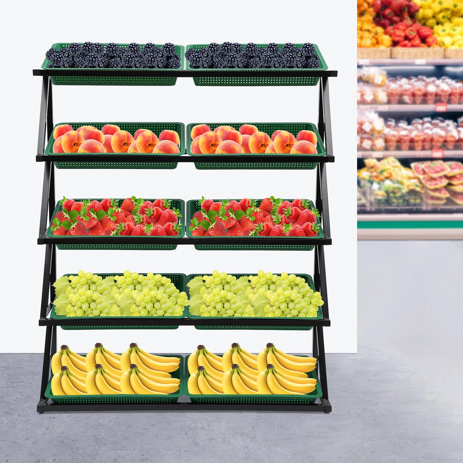 RocoReny 5 Tier Retail Display Shelves with 10 Baskets, Standing Organizer Shelf Units Metal Holders Storage Rack, Freestanding Display Stand for Office Pantry Kitchen, 49.2 * 13.8 * 59.1in (Green)