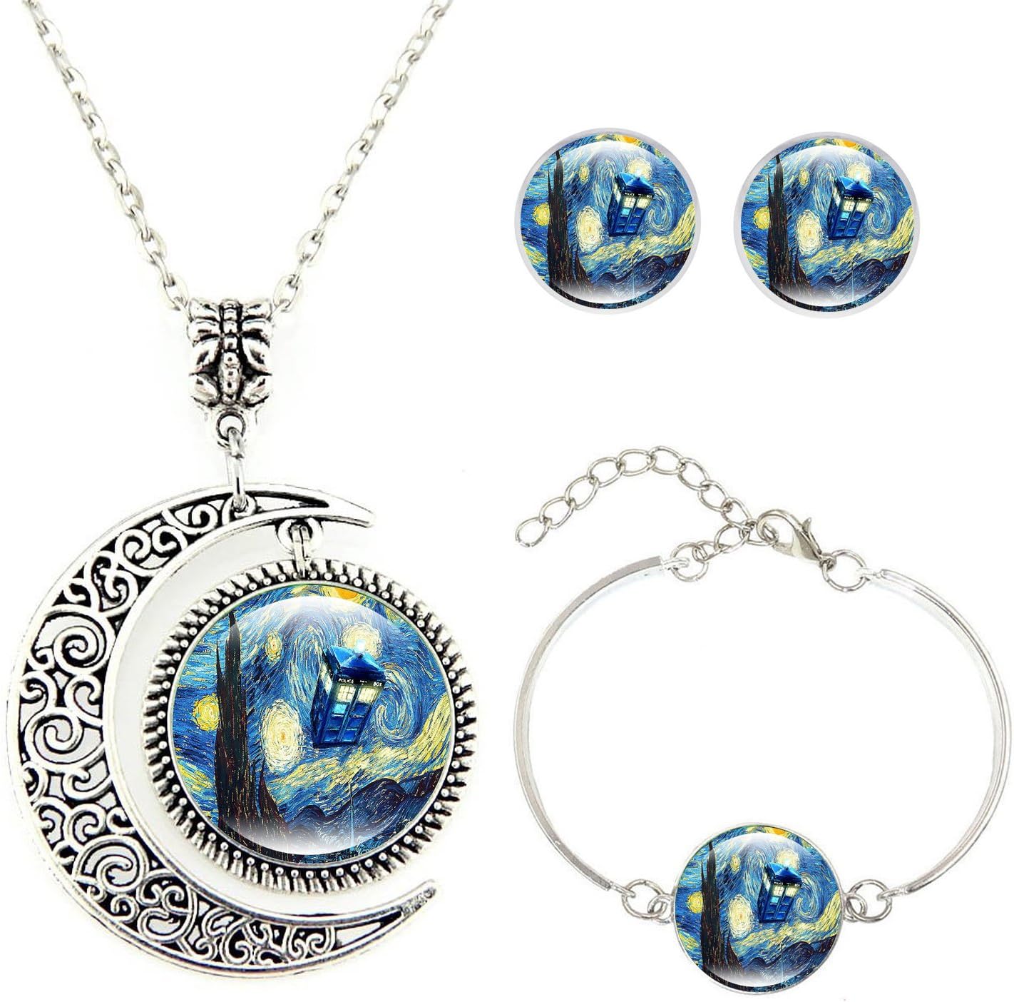 Moon Pendant Tardis Starry Night Necklace Van Gogh Jewelry Personalized Necklace Bracelet Earrings Jewelry Set