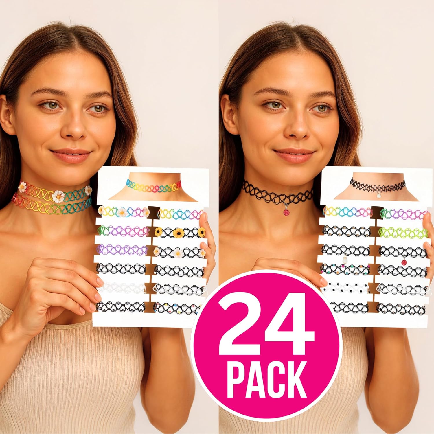 BodyJ4You 24PC Tattoo Choker Necklace - 90s Choker Necklaces Y2K Fashion Trendy Vintage - Daisy Flower Charm Colorful Rainbow Black Goth Pendant - Stretchy Elastic Necklace Summer Gift Set - Image 2