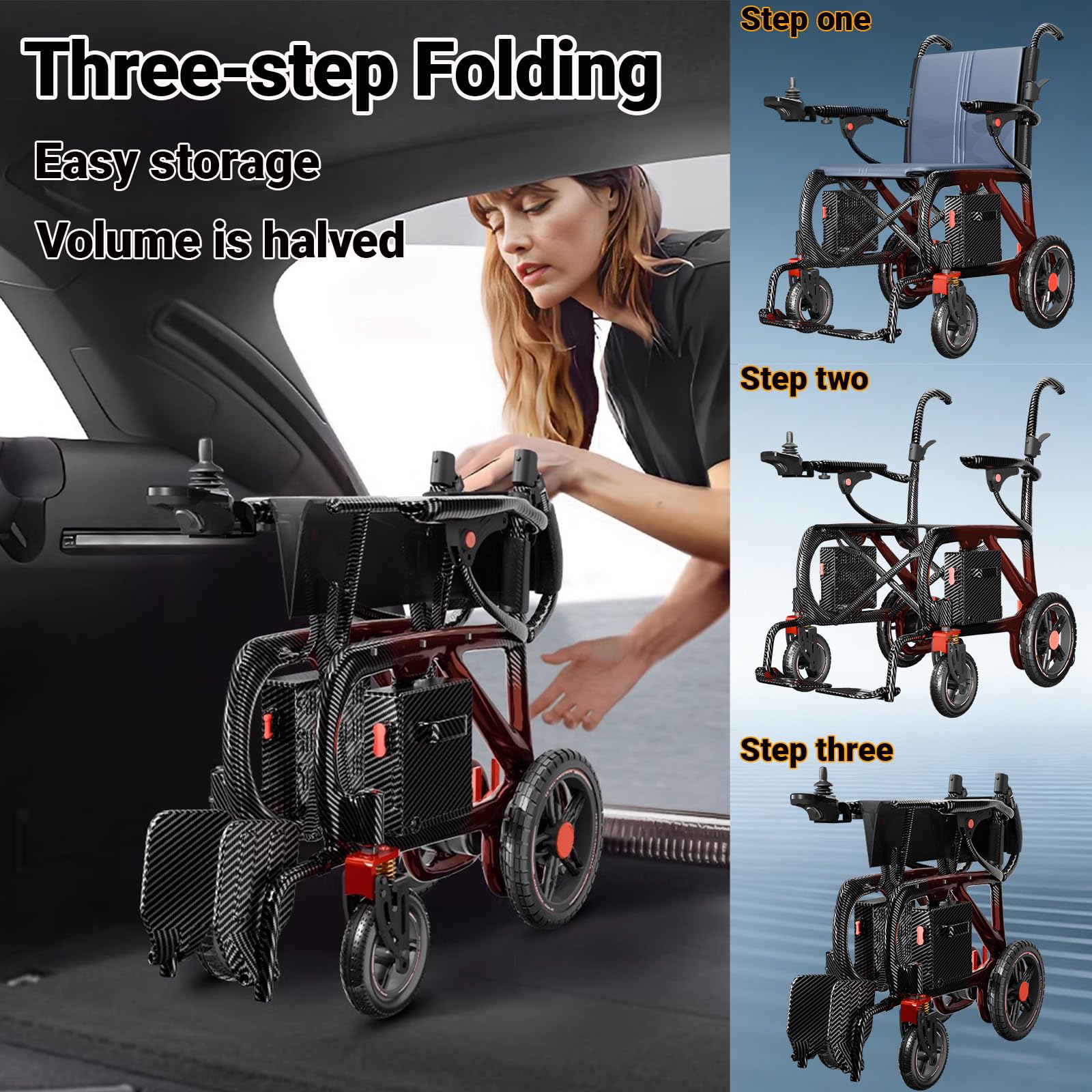 Ultraligera Carbono Fibra Silla de Ruedas Eléctrica Plegable para Adultos, 12 kg, Doble Batería de Litio 10Ah, Motor 400W, Luces, Autonomía de 30 km, Capacidad de 100 kg