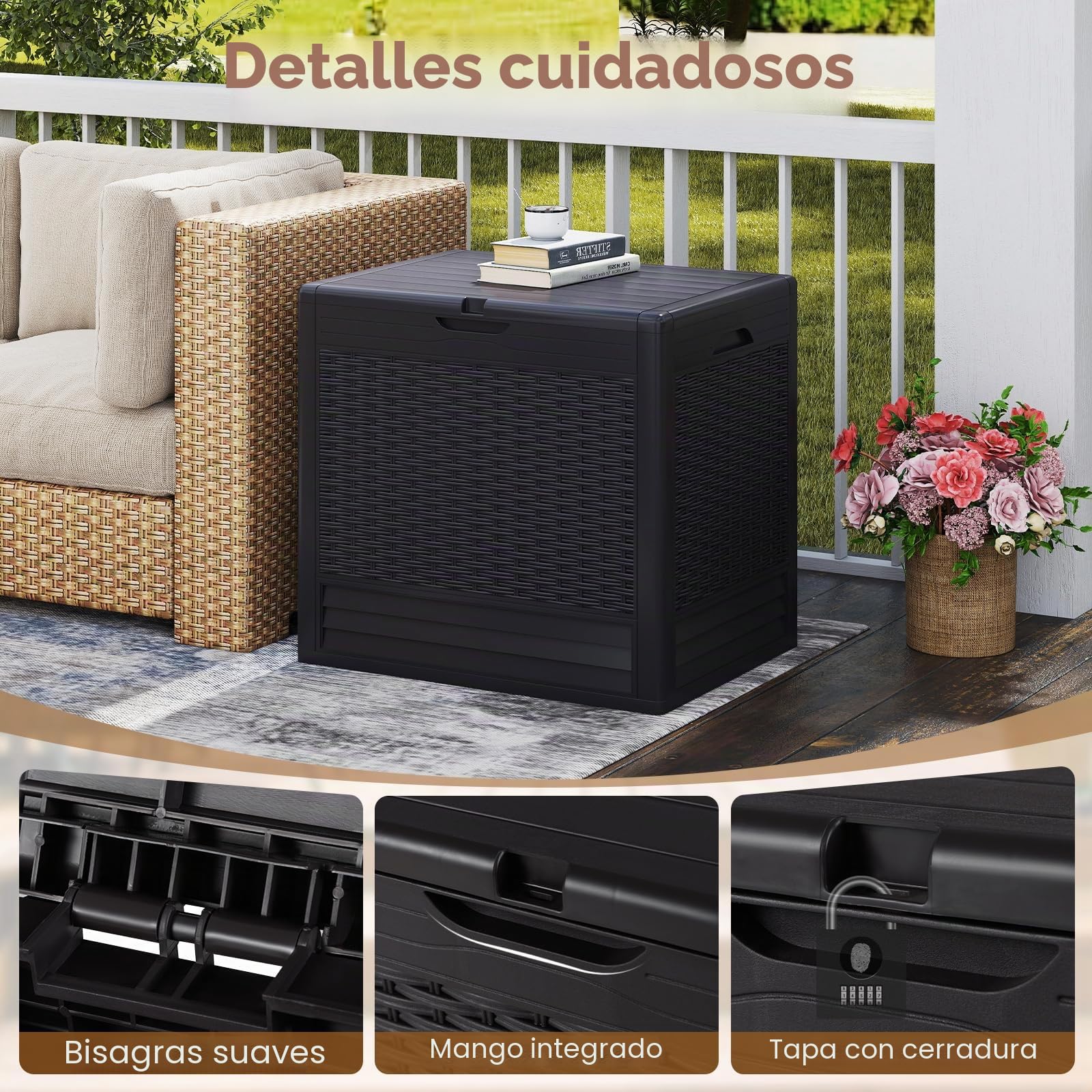 GIANTEX Baúl de Almacenamiento de 96 L, Arcón Impermeable con Tapa, Aspacto de Imitación de Ratán, 58 x 43,5 x 53 cm, Contenedor Organizador para Jardín, Patio, Balcón (Marrón)