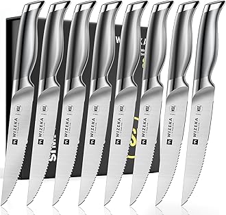 Steak Knives Set of 8 - German Stainless Steel - 5 Inches Serrated Straight Edge Steak Knife Set, One Piece Design Knife Set of Steak with Box, Silver Wings Series