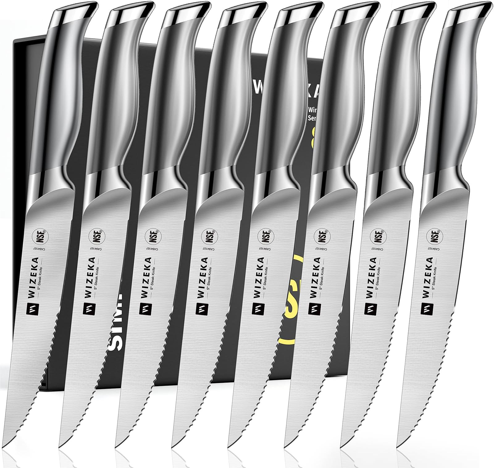 Steak Knives Set of 8 - German Stainless Steel - 5 Inches Serrated Straight Edge Steak Knife Set, One Piece Design Knife Set of Steak with Box, Silver Wings Series
