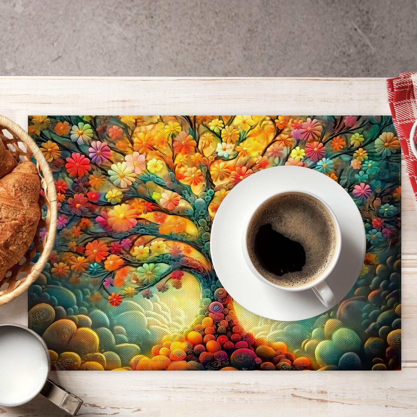 Set di 8 Tovagliette Americane Lavabili Cotone Lino Paesaggio psichedelico - Tovaglietta Americana Resistenti al Calore Durevole Fiori e foglie - per Colazione Pranzo 30×45 cm