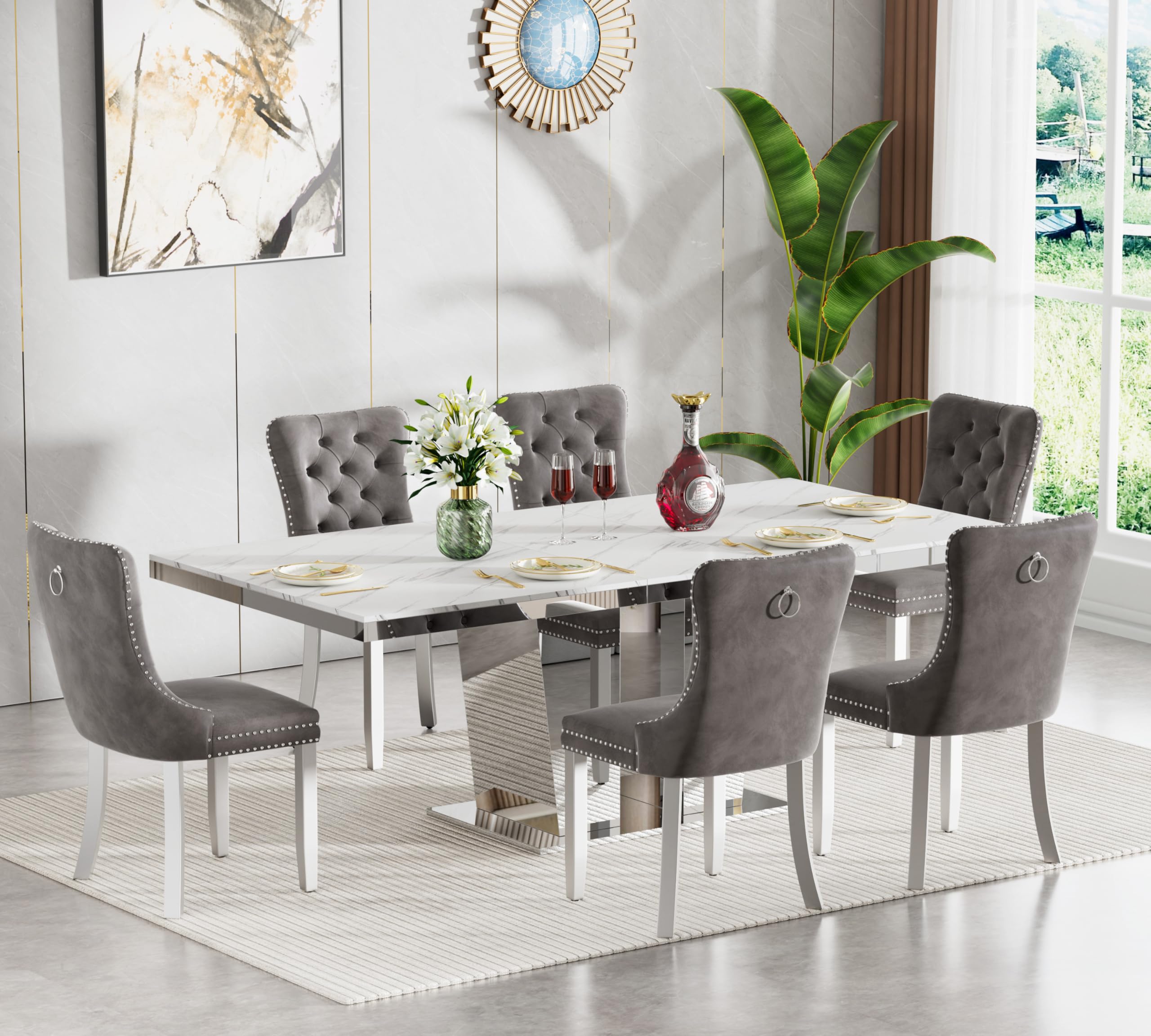 White Faux Marble Extendable Dining Table Set for 6 Mirrored Base