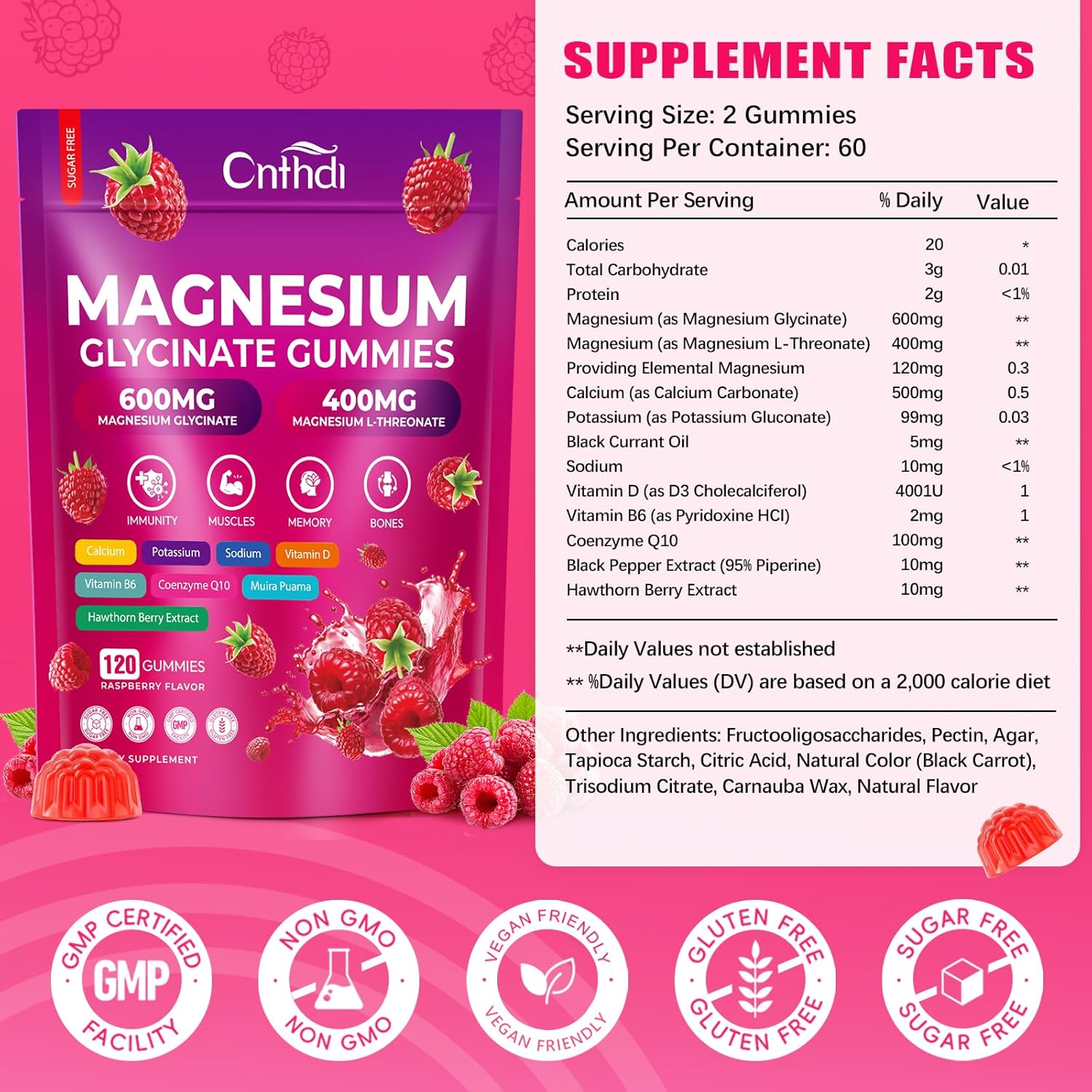 Magnesium Glycinate Gummies 600mg, 120 Counts Chews Sugar Free Magnesium Gummies for Adults & Kids with L-Threonate, Calcium, Zinc & CQ10, Potassium Supplements for Zzz, Brain, Muscle & Relax - Image 2