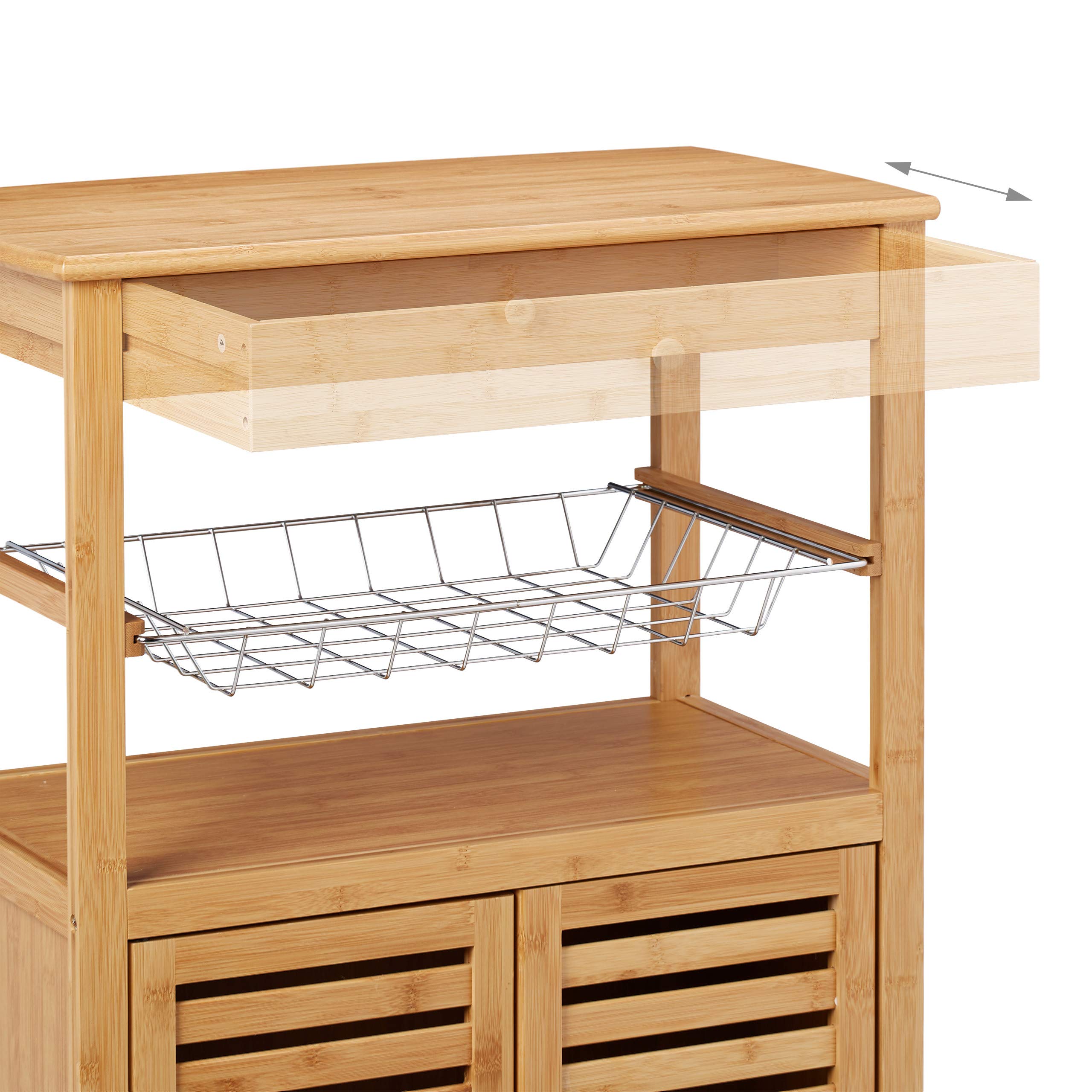 Relaxdays Desserte de Cuisine Bambou, Chariot de Service, Plan Travail, roulettes, HxlxP 82 x 59,5 x 35 cm, Nature, MDF, Acier