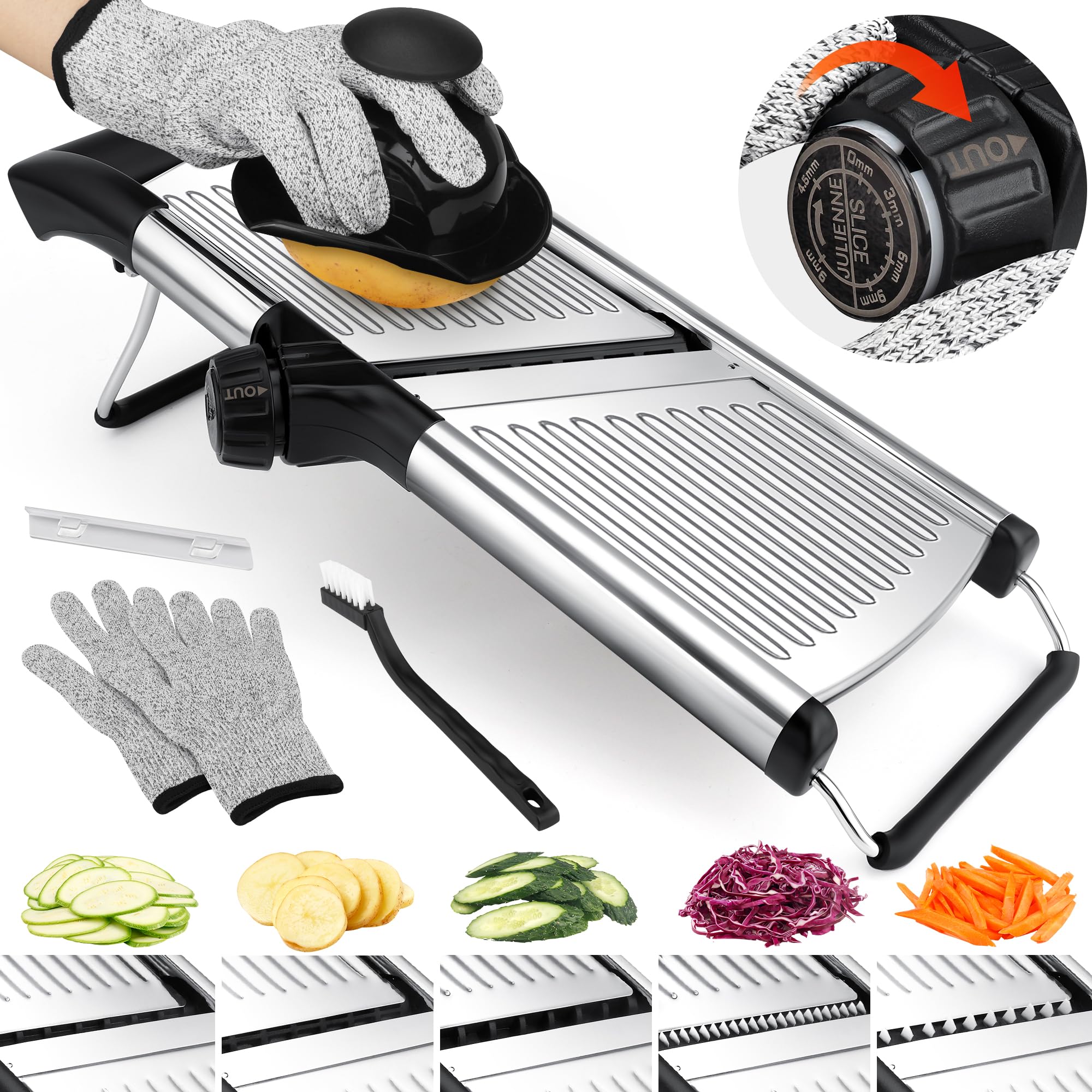 Mandoline Slicer for Kitchen, Adjustable mandoline food slicer, Stainless Steel vegetable slicer with Cut-Resistant Gloves