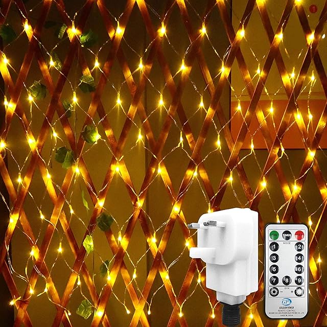 DBFAIRY 100LED Christmas Net Light,1.5X1.5M Net Mesh Fairy Lights Mains Powered Warm White Timer Fairy String Net Light Outdoor Waterproof with Remote,Interior Home,Hedge,Bush,Fence,Window Decor