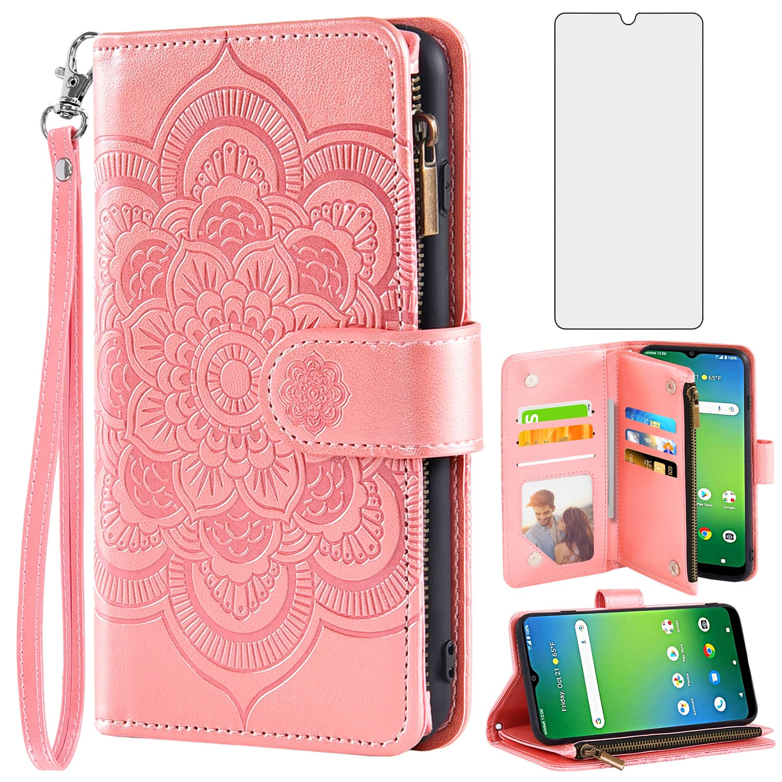 Asuwish Phone Case for Cricket Icon 4 Wallet Cover with Tempered Glass Screen Protector and Flower Leather Flip Credit Card Holder Stand Folio Purse Rugged Cell Accessories WTCKT01 Women Men Rose Gold