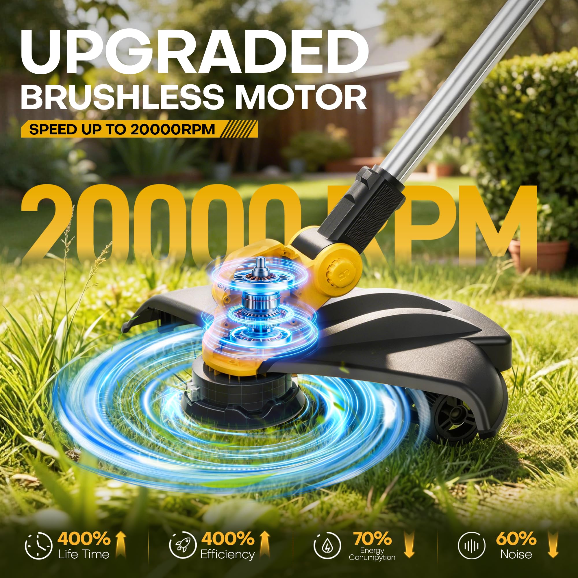 Désherbeur électrique de 38,1 cm sans fil avec 2 batteries 20 V 5,0 Ah, alimentation automatique, tondeuse à gazon et coupe-bordures, débroussailleuse alimentée par batterie pour jardin et cour
