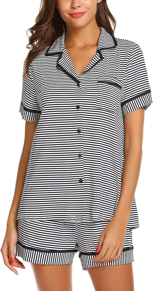 Ekouaer Pajamas Soft Striped Women's Short Sleeve Button Sleepwear Shorts Shirt PJ Set(S-XXL)