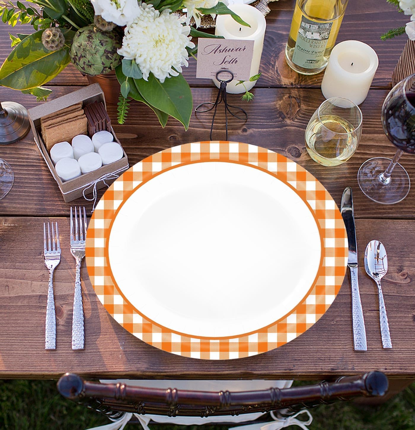 HEIPINIUYE 50 Pieces Orange Gingham Oval Paper Plates 10 X 12 Inch Orange and White Plates Disposable Dinner Plates for Thanksgiving Picnic Wedding Baby Shower Birthday Party Dessert Plates