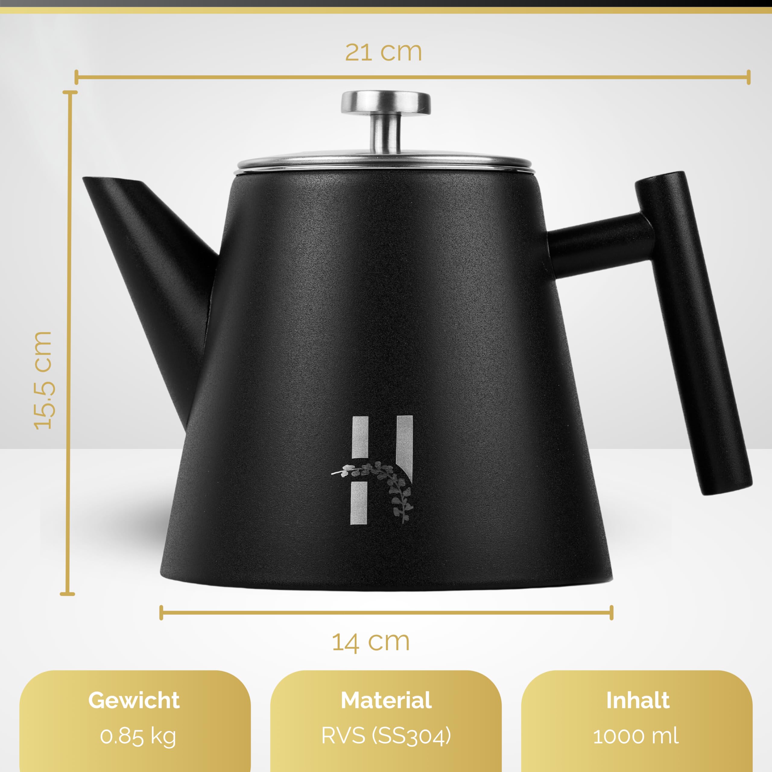 Hanamura Teekanne - Mit Filter - Doppelwandig - Schwarz - 1000ml