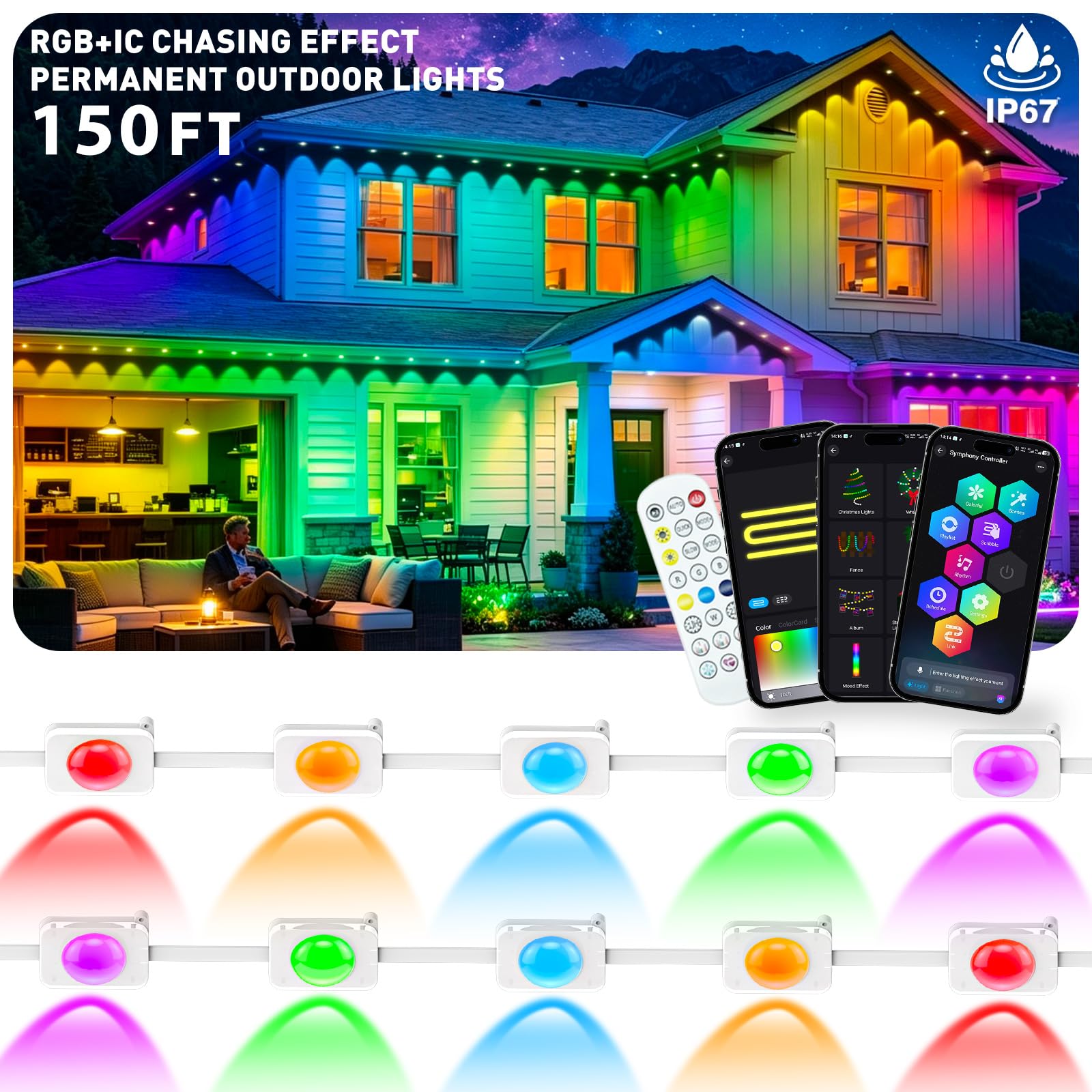 LITSOUL 150FT Permanent Outdoor Lights for House RGB+IC, Chasing Effect Smart RGB+IC Eave LED Lighting with 16 Million Colors, Waterproof Outdoor Strip Lights for Christmas Halloween Holiday Daily