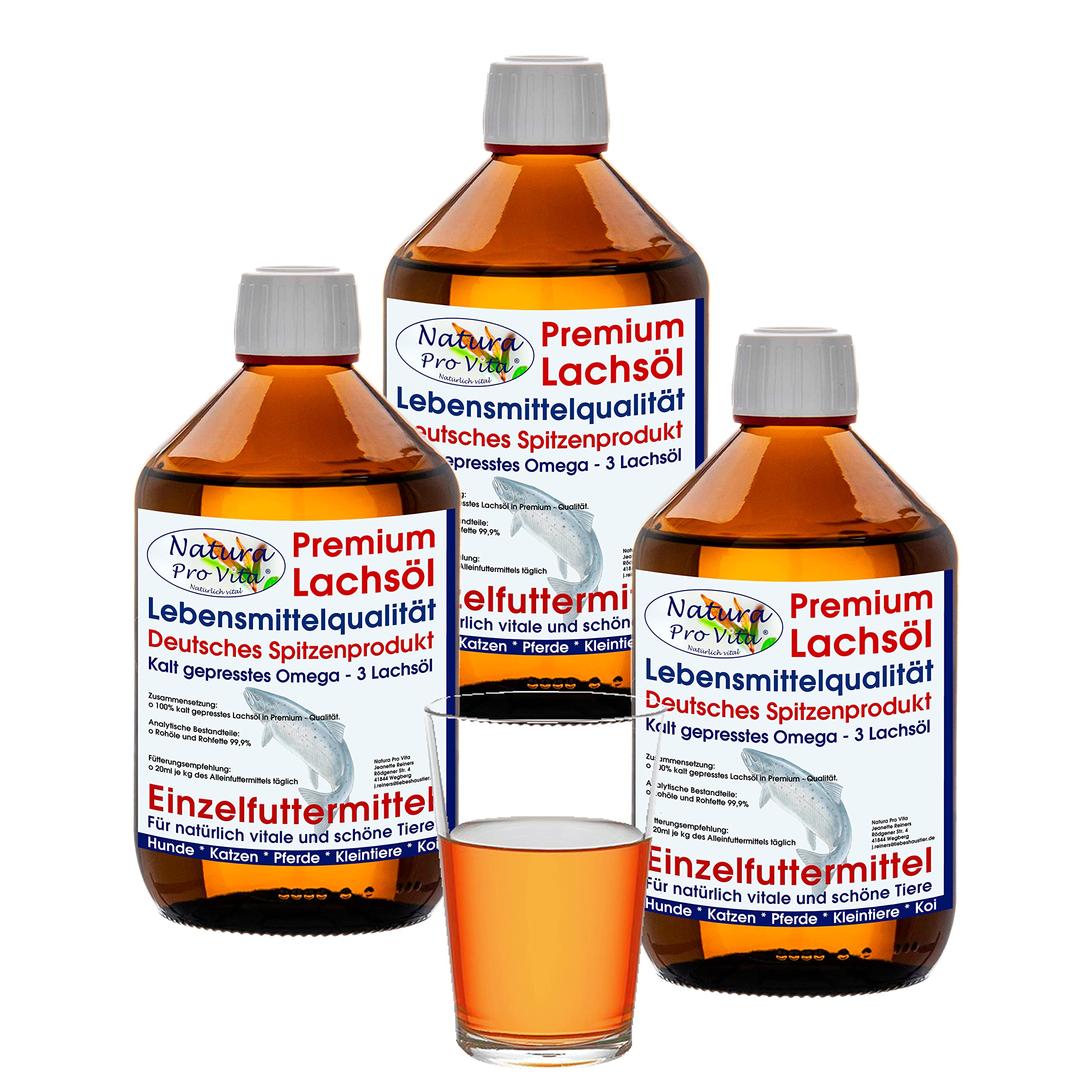 Lachsöl Katzen Lebensmittelqualität kaltgepresst Omega-3-Öl Katzen Natura Pro Vita gut für Haut Fell Immunkraft Fischöl Katzen Barföl 3L Glasflasche (3X 1L)
