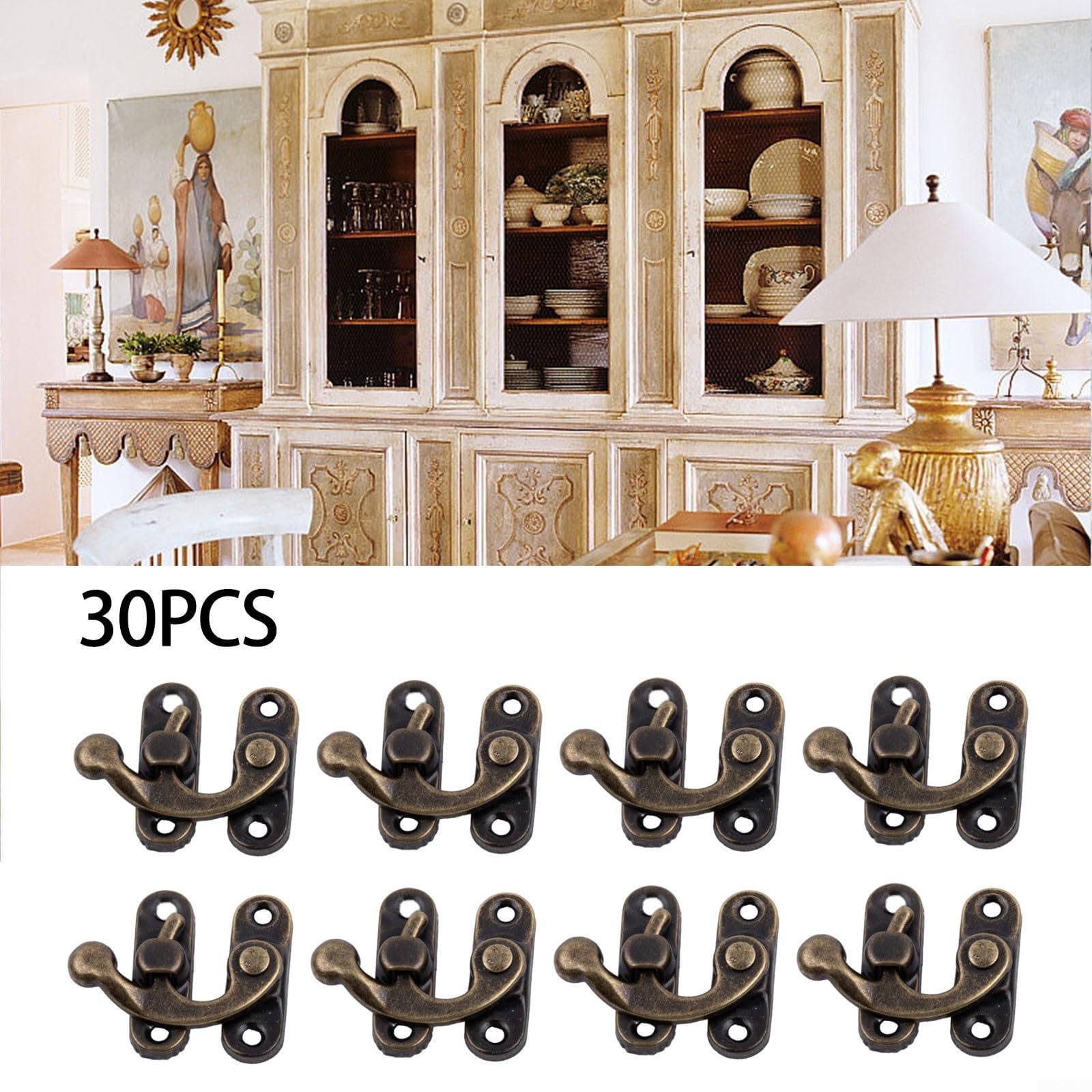 Chiavistelli per Porte 30 Pezzi Gancio Antico, Gancio di Chiusura in Ferro Bronzo Antico, Gancio Decorativo con Chiusura a Scatto for armadi e scatole portaoggetti(Bronze)