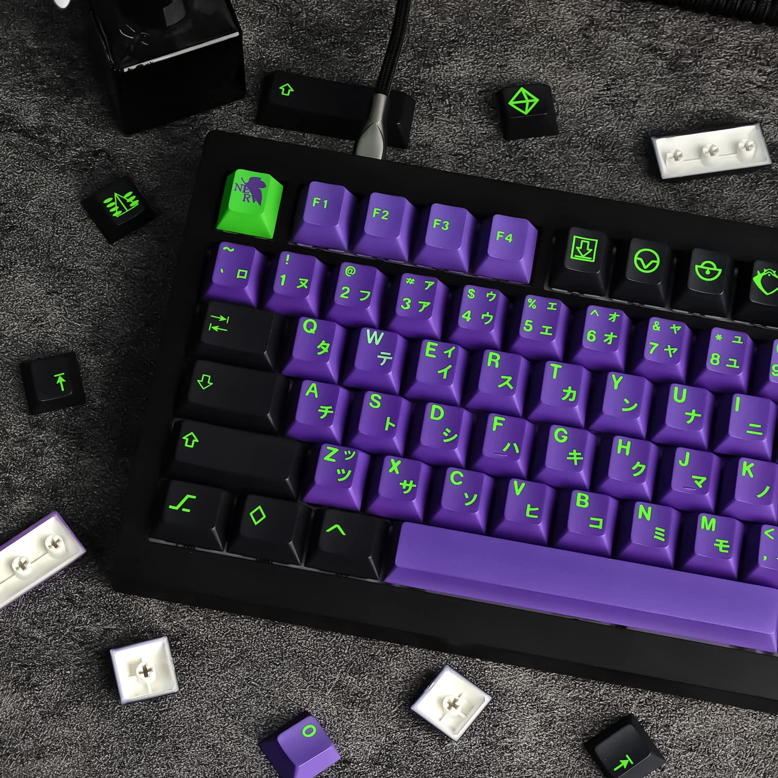 129 Teclas Dye Sub PBT Teclas para Teclado, Cherry Profile Morado y Verde Gaming Keycap para teclados (Teclas QWERTY con distribución Estadounidense)