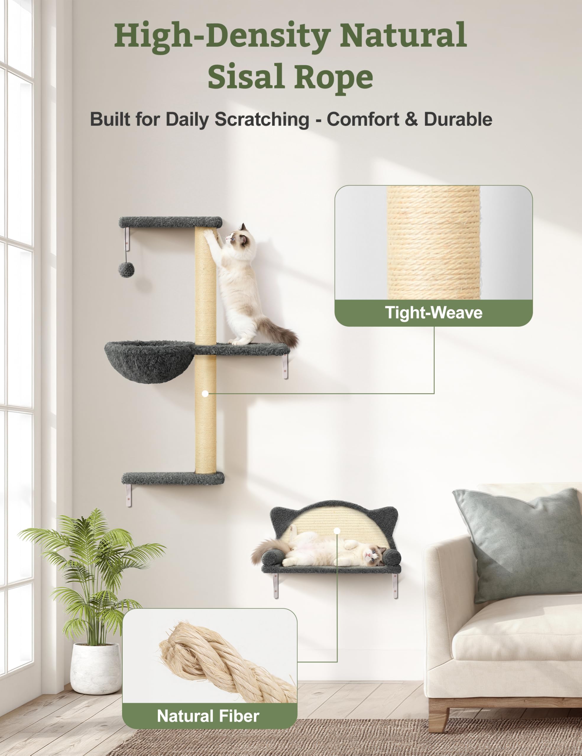 5-in-1 Cat Wall Shelves, Solid Wood & Velvet & Sisal Scratcher, 44lbs Max Load, Wall Mounted Cat Furniture for Climbers, Cat Climbing Wall System, Fits Drywall & Solid Walls - Dark Gray - image 8