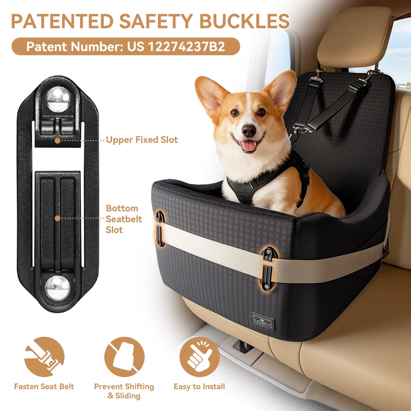 PETSFIT Hundesitz für Auto bis 15 kg – 13cm Memory Foam Booster, Sicherheitsgurt-System, abnehmbarer & waschbarer Bezug, Schwarz