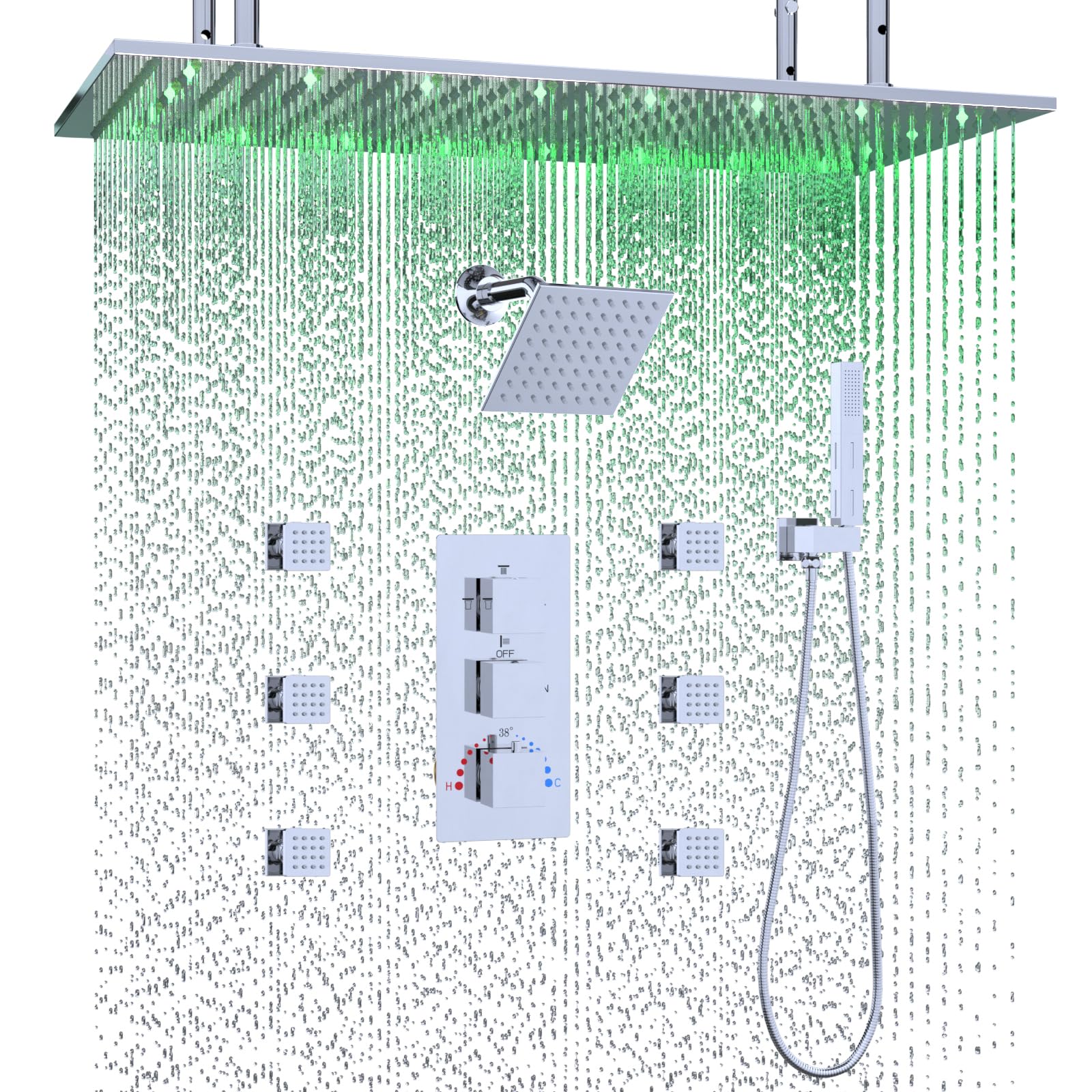 Enga Sistema termostático de doble cabezal de ducha, 15.7 x 31.5 pulgadas, ducha LED de lluvia con cabezal de pared de 6 pulgadas, 6 chorros de cuerpo con interruptor de encendido/apagado, juego de
