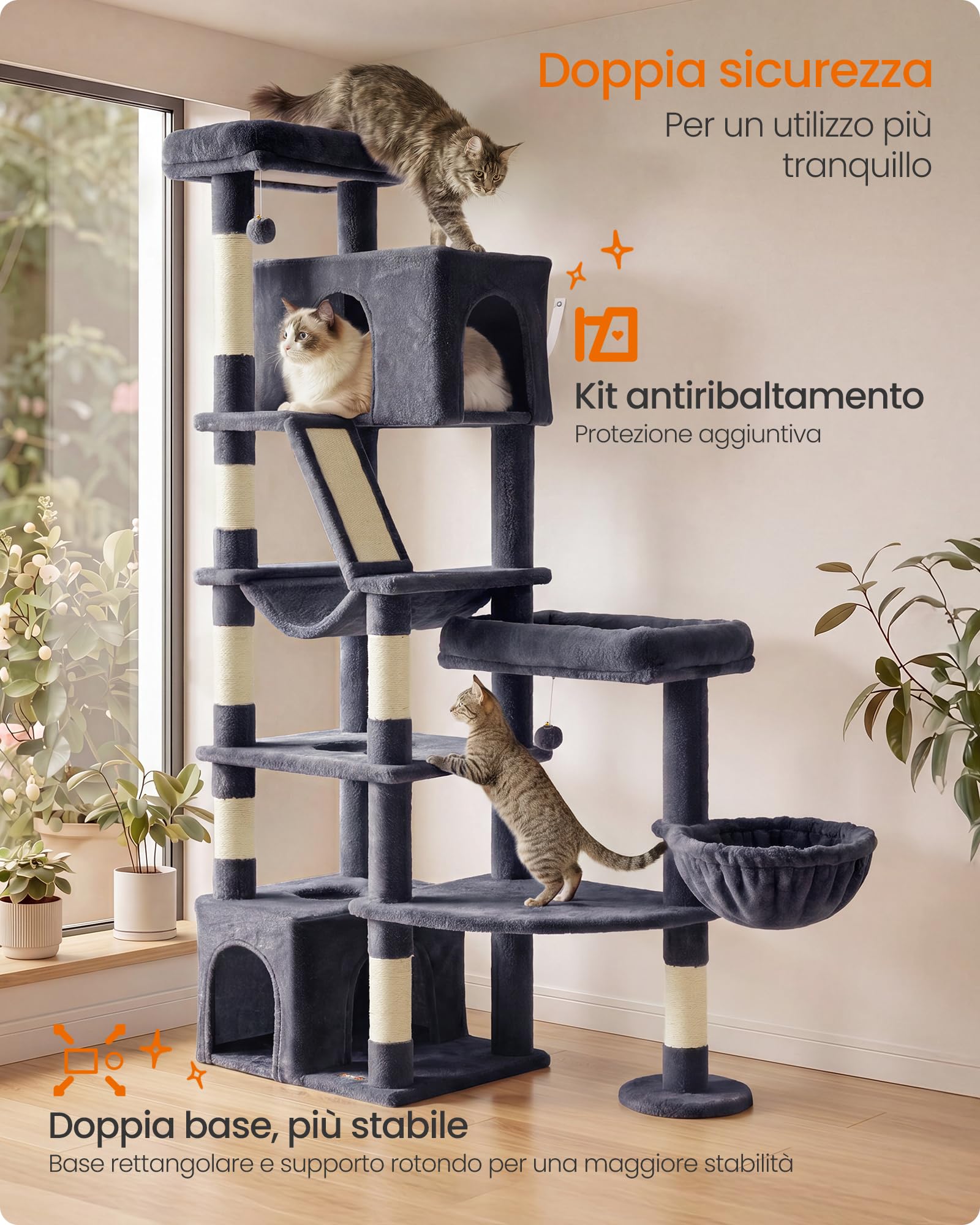 Feandrea Albero per Gatti, Tiragraffi Multilivello in Sisal con 6 Aree Riposo, Torre Stabile per Gatti Grandi, 105 x 45 x 188 cm, Grigio Scuro, Collezione Clawfy PCT016G201