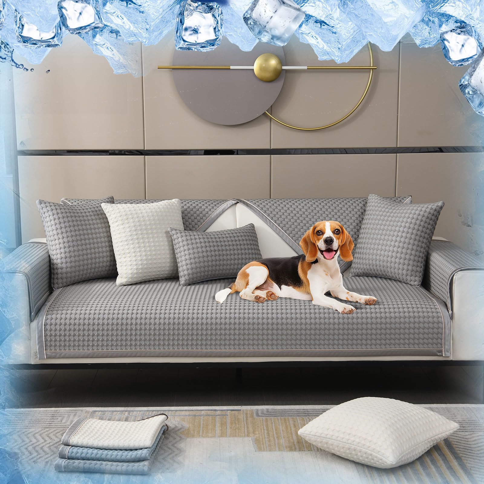 STACYPIK Soft Cooling Gray Sofa Cover for Pet, Summer Ice Silk Couch Cover for 4 Cushion Couch, Non Slip Furniture Protector, Loveseat Cover for