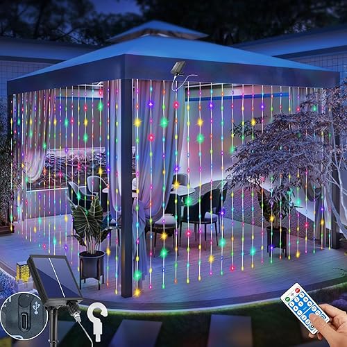 Solar Curtain Lights Outdoor 10 x 10Ft 300LED Waterproof Waterfall