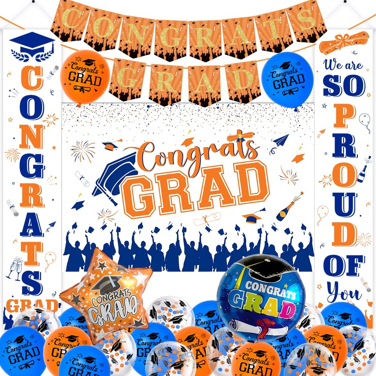 2023 Graduation Decorations Blue Orange and White, Congrats