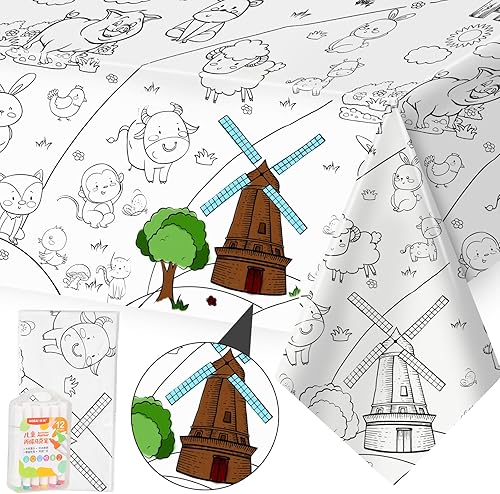 Decoración temática de granja de animales para manualidades, mantel desechable para colorear y póster de actividades con 12 bolígrafos para colorear