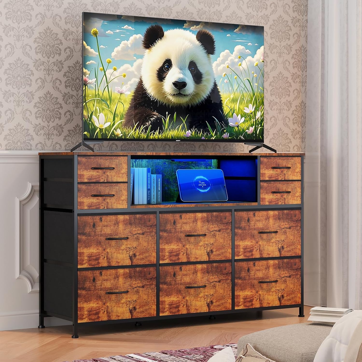 LED 10-Drawer Dresser TV Stand with Charging Station & RGB Lights, 3-Tier Fabric Storage Drawer Chest, Wood Top Entertainment Center for 45/50/55/60 Inch TVs, Modern Storage Furniture for Living Room