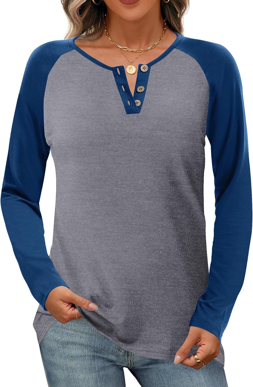 IECCP Long Sleeve Shirts for Women Casual Henley Tops Loose Fit Tshirt Dressy Color Block V Neck Button Womens Tunic Blouse - Image 4