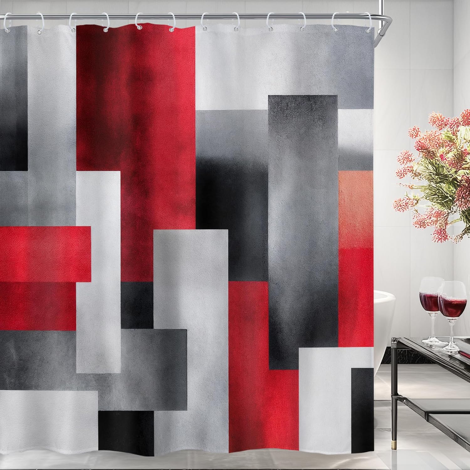 Riyidecor Extra Long Grey Red Black Abstract Shower Curtain 72Wx84H Inch Geometry Square Checkered Blocks Minimalist for Women Men Neutral Bathroom Decor Fabric Polyester Waterproof 12 Pack Hooks
