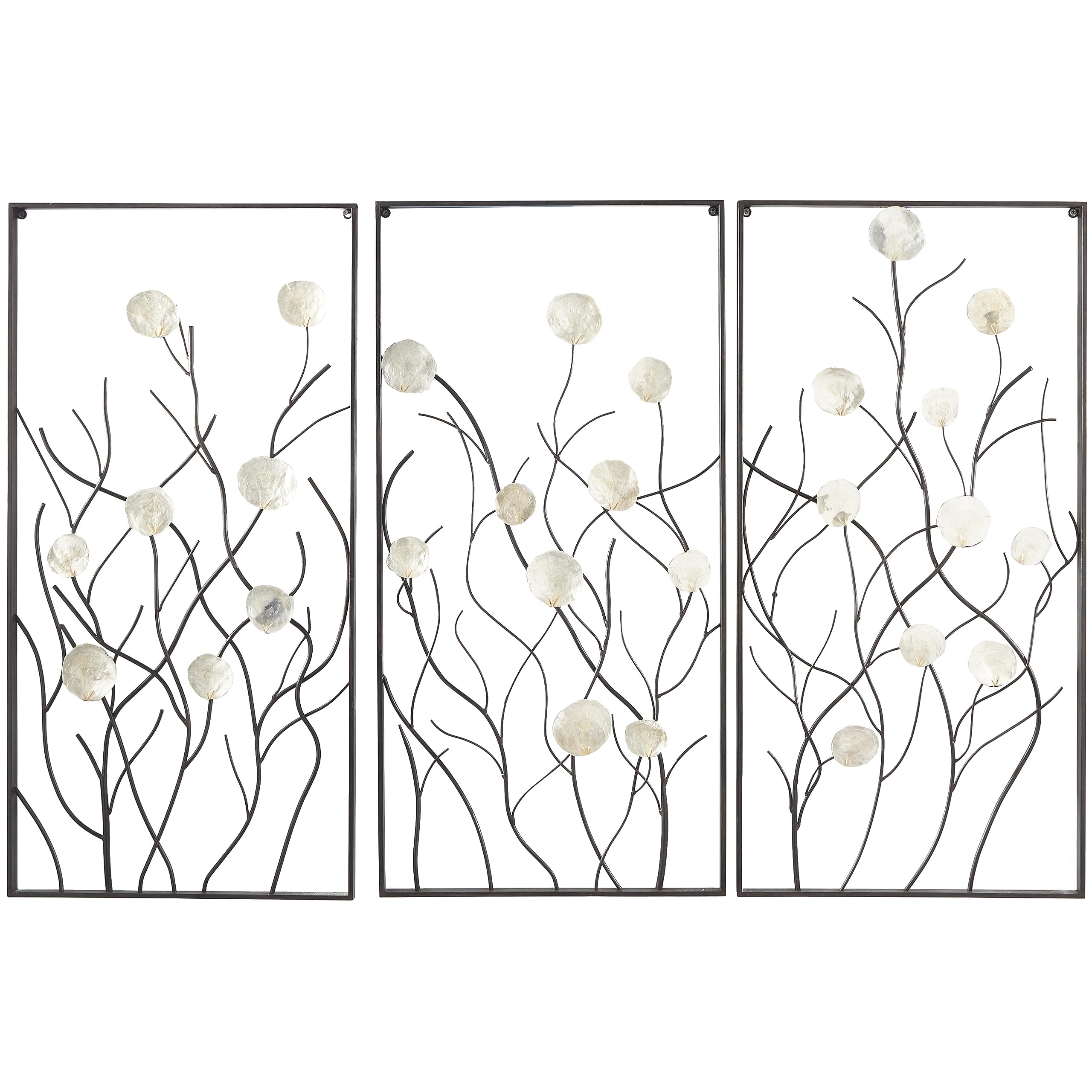 Deco 79 Metal Floral Home Wall Decor Wall Sculpture with Capiz Accents, Set of 3 Wall Art 20"W, 40"H, Black