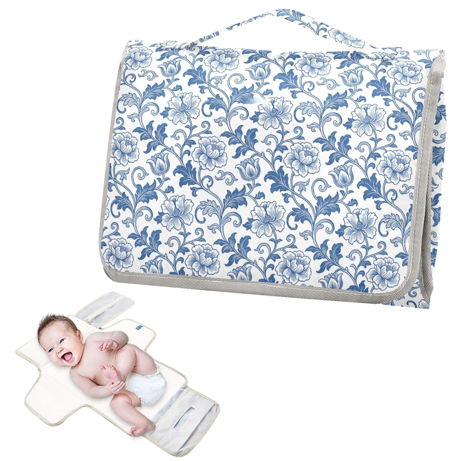 Reusable Diaper Changing pad with Tissue Pocket Diaper Changing pad Travel Infant Travel Station Kit-Vintage Blue Rose William Morris White