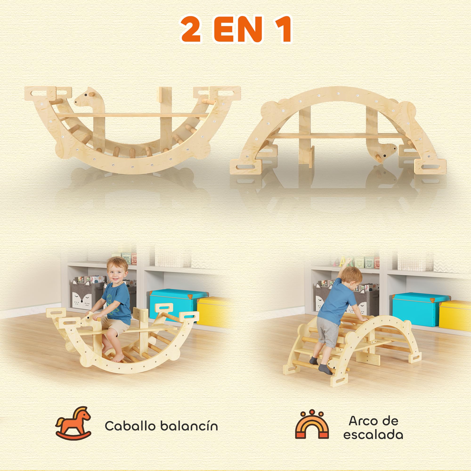AIYAPLAY 2 en 1 Arco de Escalada de Madera y Caballito Balancín, Estructura de Escalada Montessori, Juguetes Educativo de Interior para Niños de 2-4 Años, Natural
