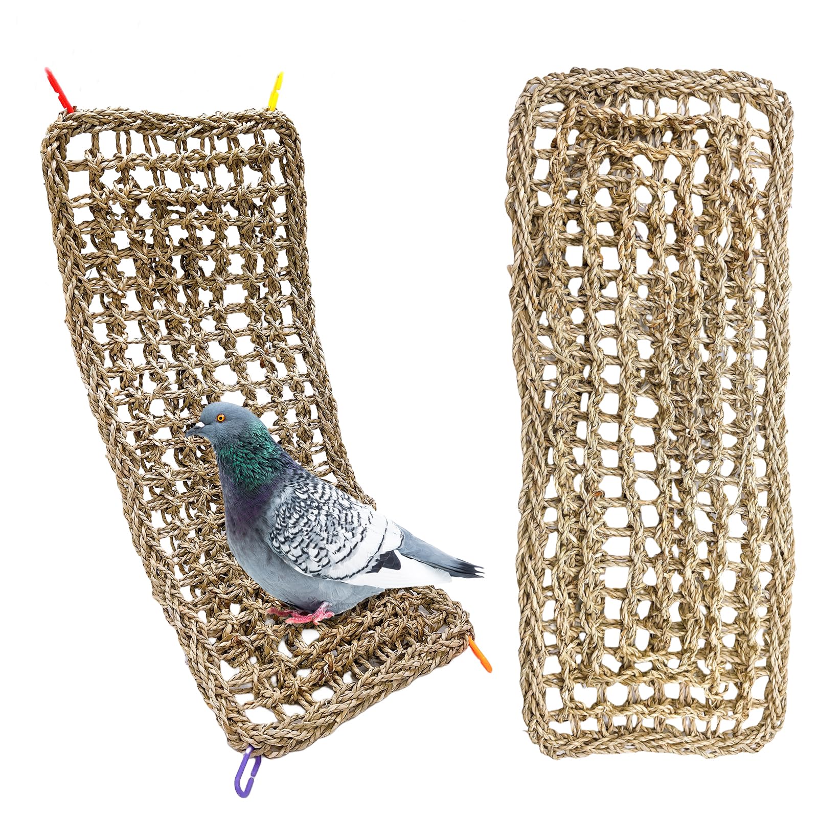 2Pcs Bird Seagrass Mat 20.5×8'' Natural Grass Woven Net Hammock Hanging on Cage Parakeet Climbing Rope Ladder Chew Toys for Lovebird Cockatiel Conure Budgie Cockatoo